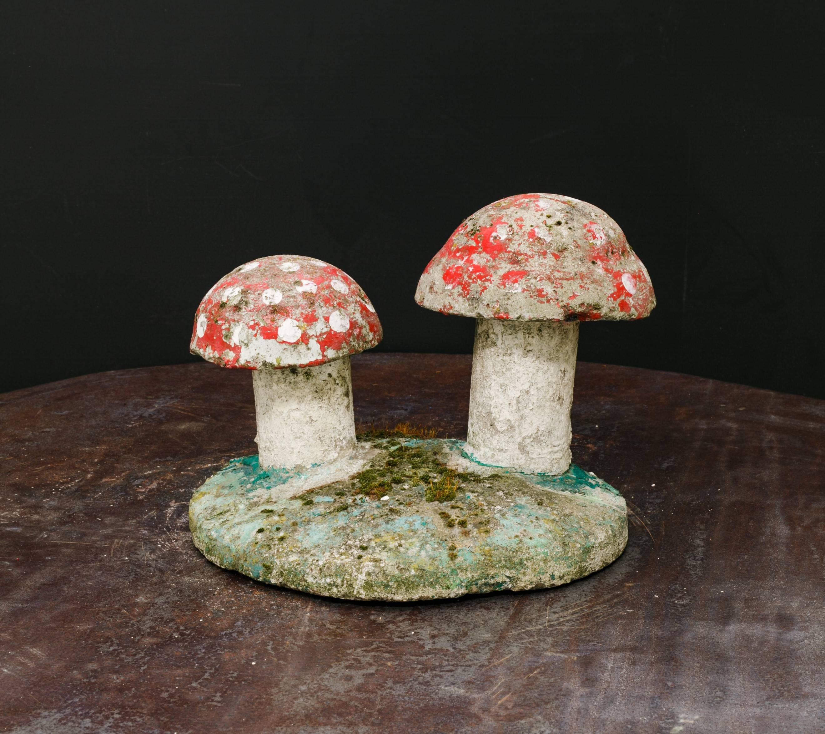 Vintage, Small Hand-Painted Concrete Toadstool Garden Sculpture In Excellent Condition In Houston, TX
