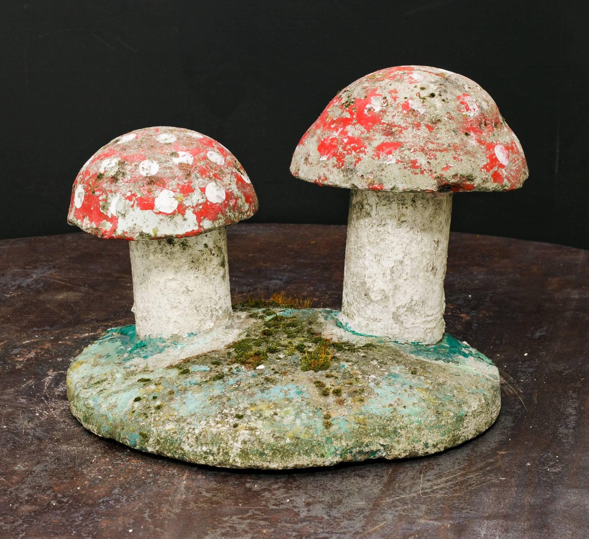 Mid-20th Century Vintage, Small Hand-Painted Concrete Toadstool Garden Sculpture