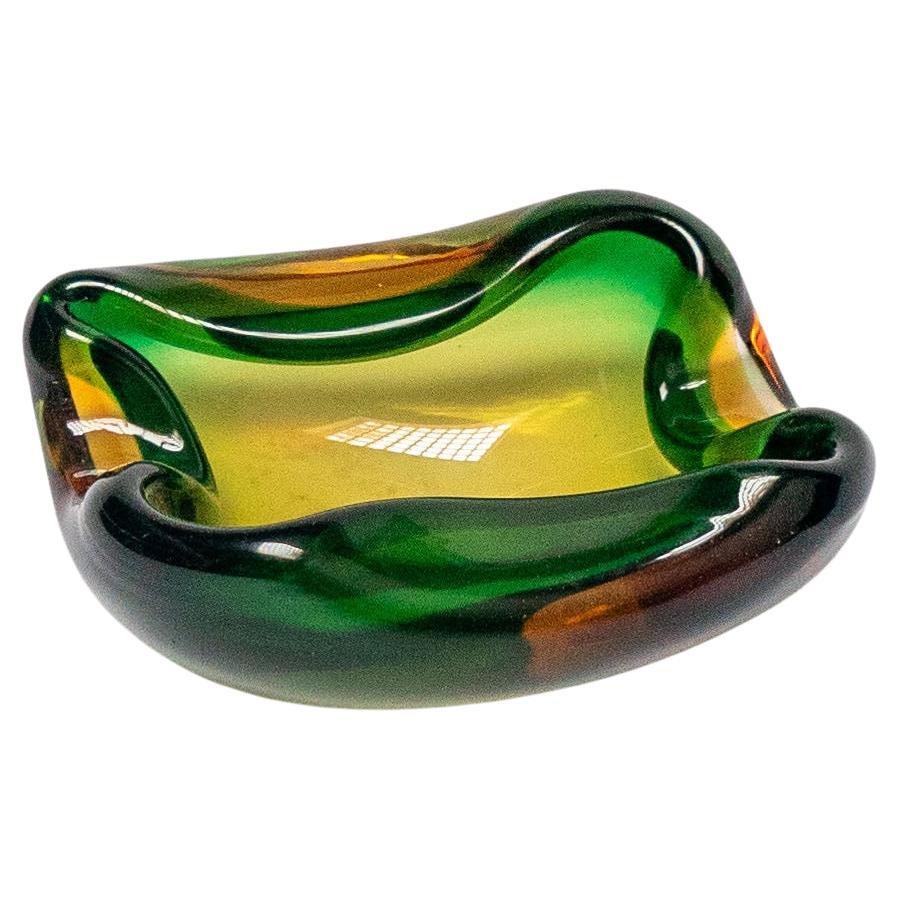 Vintage Small Italian Ashtray from the 60s in Curly Green/Yellow Murano Glass
