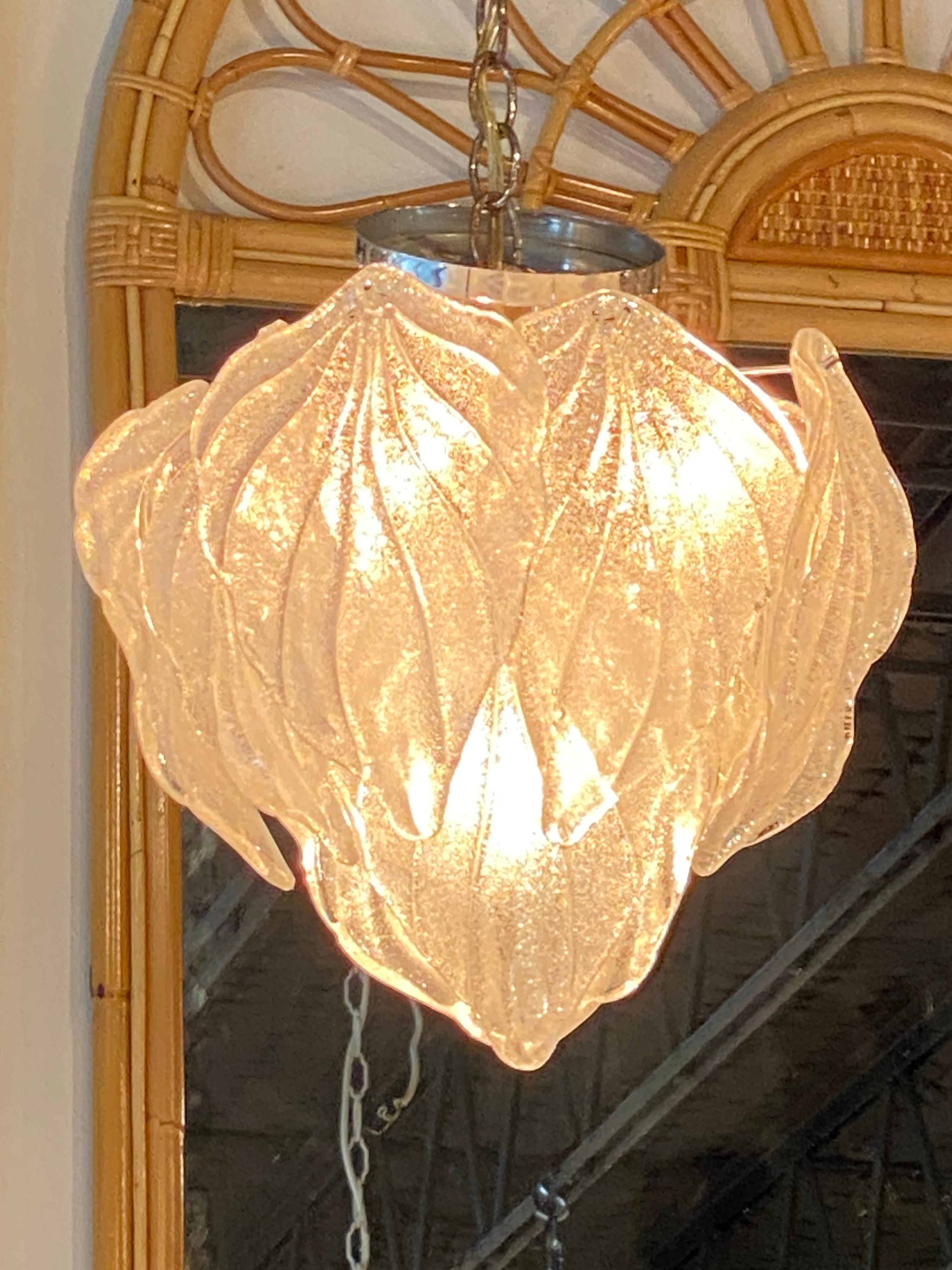 Lovely vintage small Murano Mazzega by Carlo Nason leaf chandelier. Each leaf looks like it has spun pieces of sugar sprinkled on. No chips or breaks too leaves. Size is of chandelier only since the chain is adjustable. Comes with original ceiling