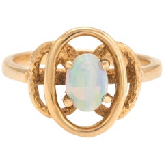 Vintage Small Opal Ring 14 Karat Gold Oval Cocktail Estate Fine Jewelry 5.75