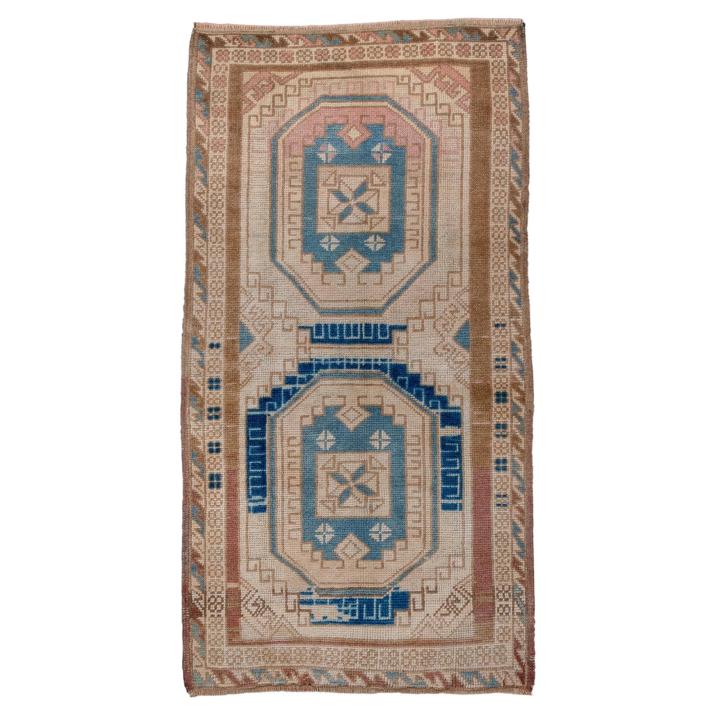 Vintage Small Oushak Rug with 2 Large Medallions For Sale