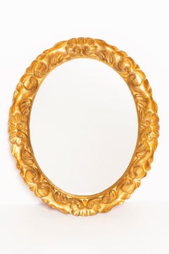 Vintage Small Oval Gold Decorative Wood Mirror in Flowers Frame, Italy, 1960s