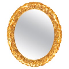 Vintage Small Oval Gold Decorative Wood Mirror in Flowers Frame, Italy, 1960s