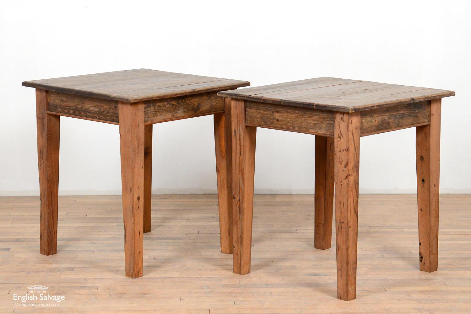 Reclaimed vintage kitchen tables made from pine with plank tops, a single bead around the bottom of the apron / sides of the table and slightly tapered legs. Approximate size of each below. Both have a few dings and scratches from past use.