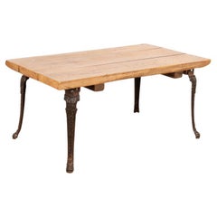 Antique Small Pine Rustic Coffee Table with Iron Legs