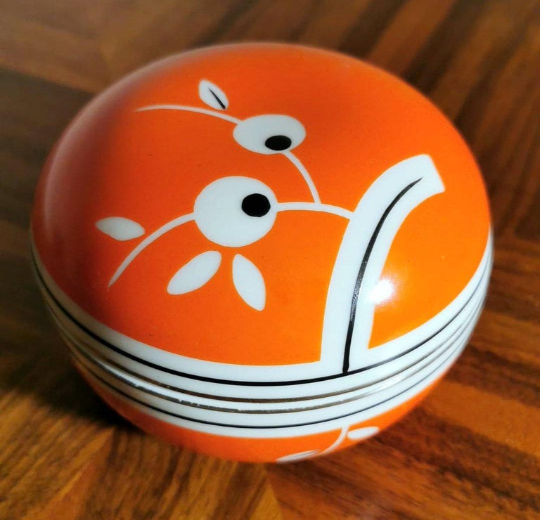 Mid-Century Modern Vintage Small Round Box in German Porcelain Orange and White Color For Sale