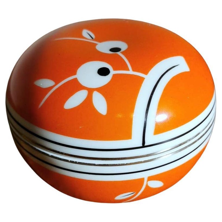 Vintage Small Round Box in German Porcelain Orange and White Color For Sale