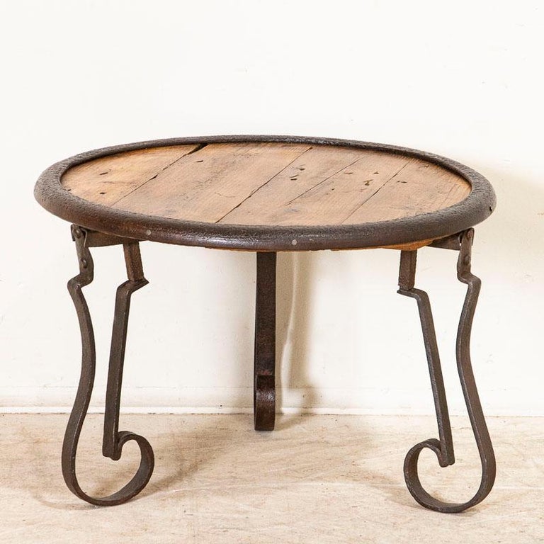 Vintage Small Round Coffee Table or Side Table with Rustic Iron Base at