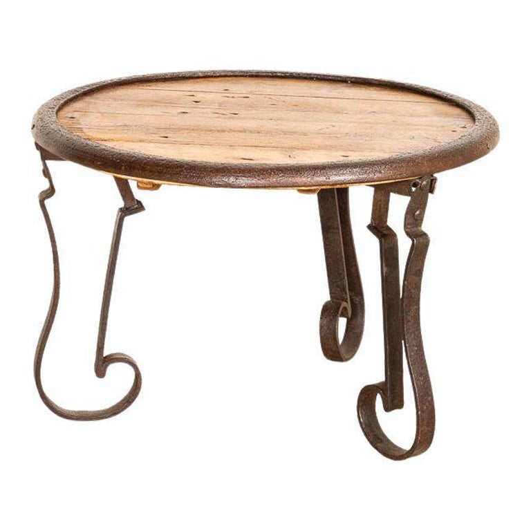 Vintage Small Round Coffee Table or Side Table with Rustic Iron Base