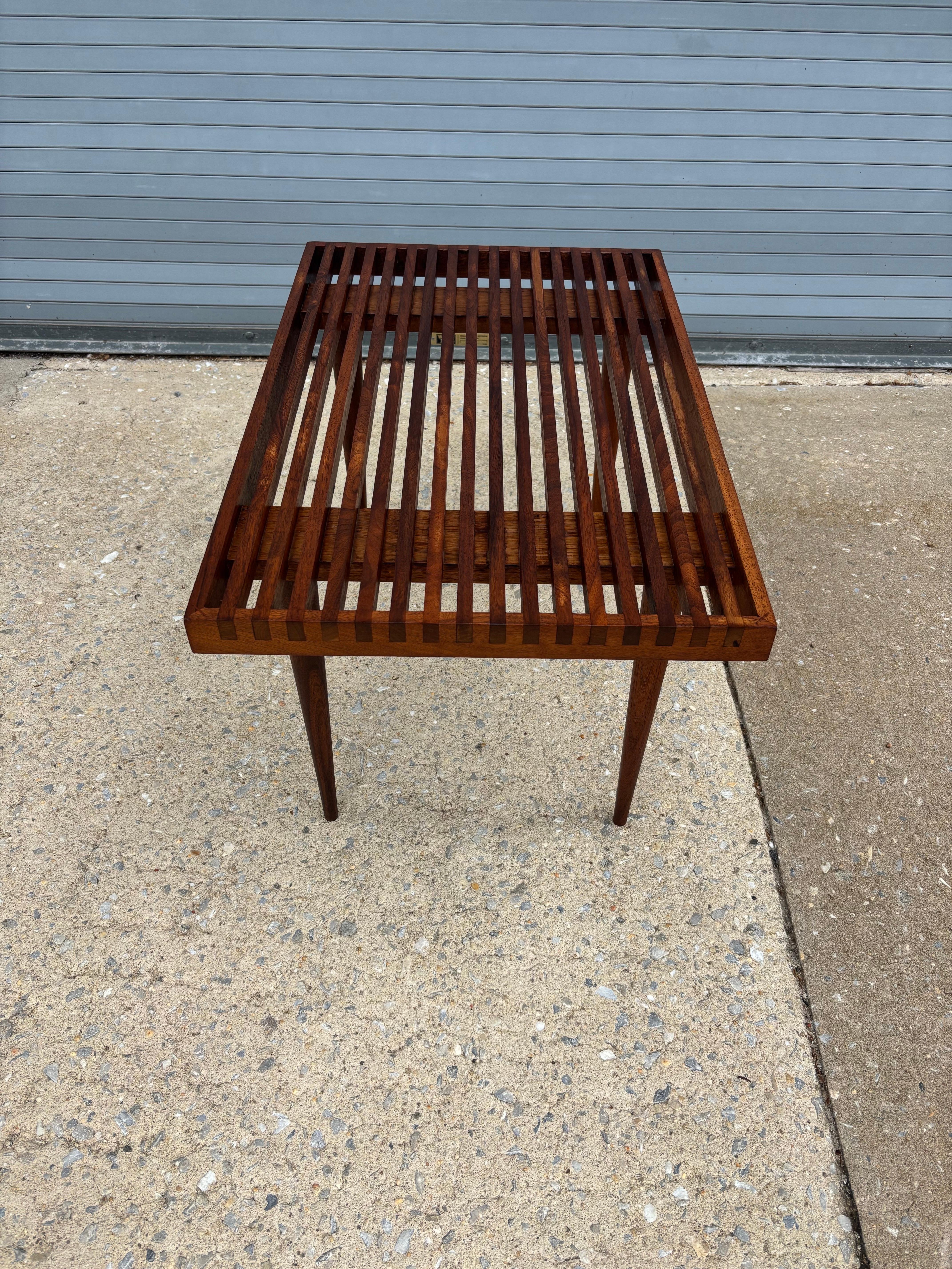 American Vintage Small Slatted Bench on Tapered Legs by Mel Smilow For Sale