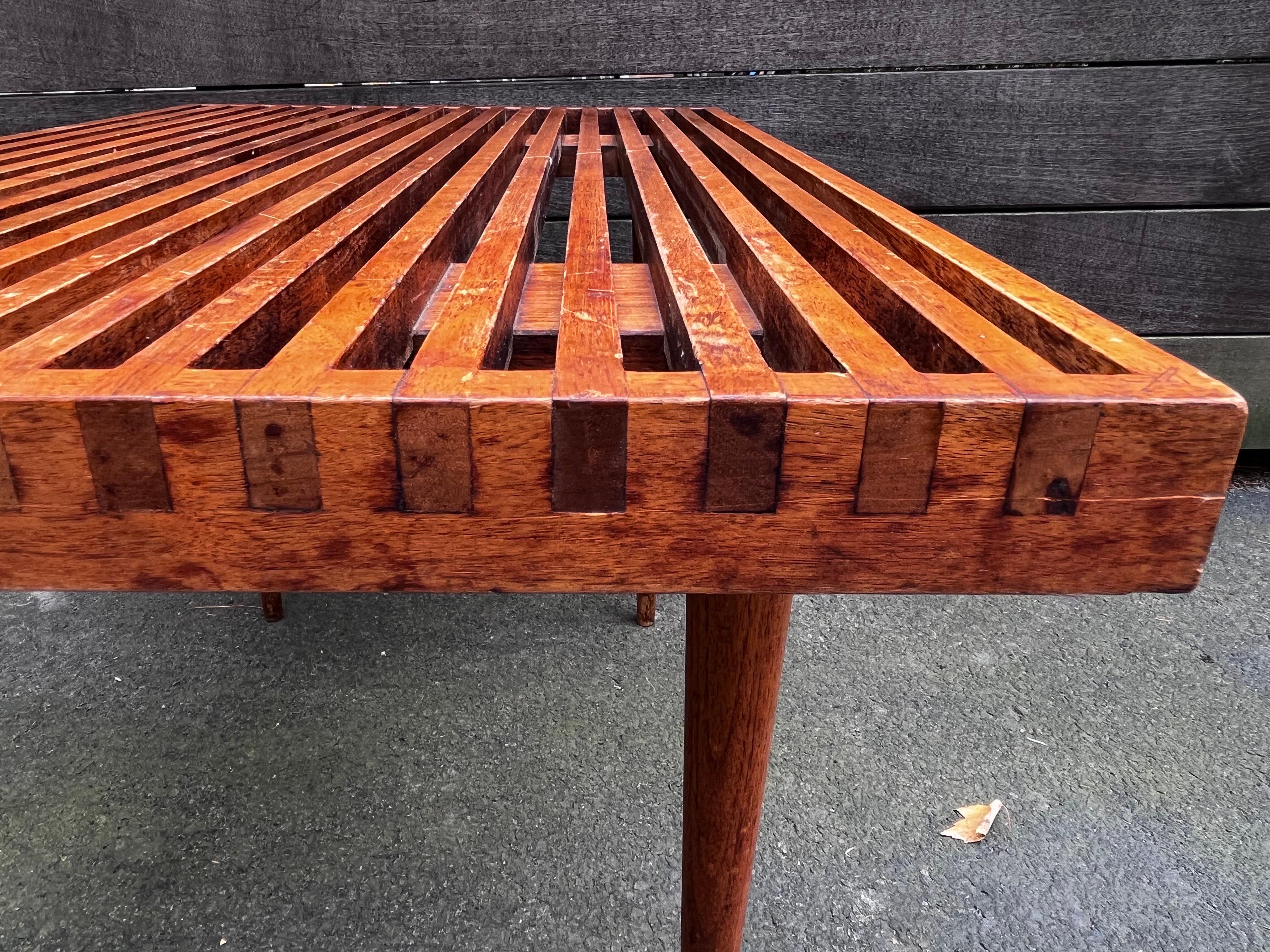 Wood Vintage Small Slatted Bench on Tapered Legs by Mel Smilow