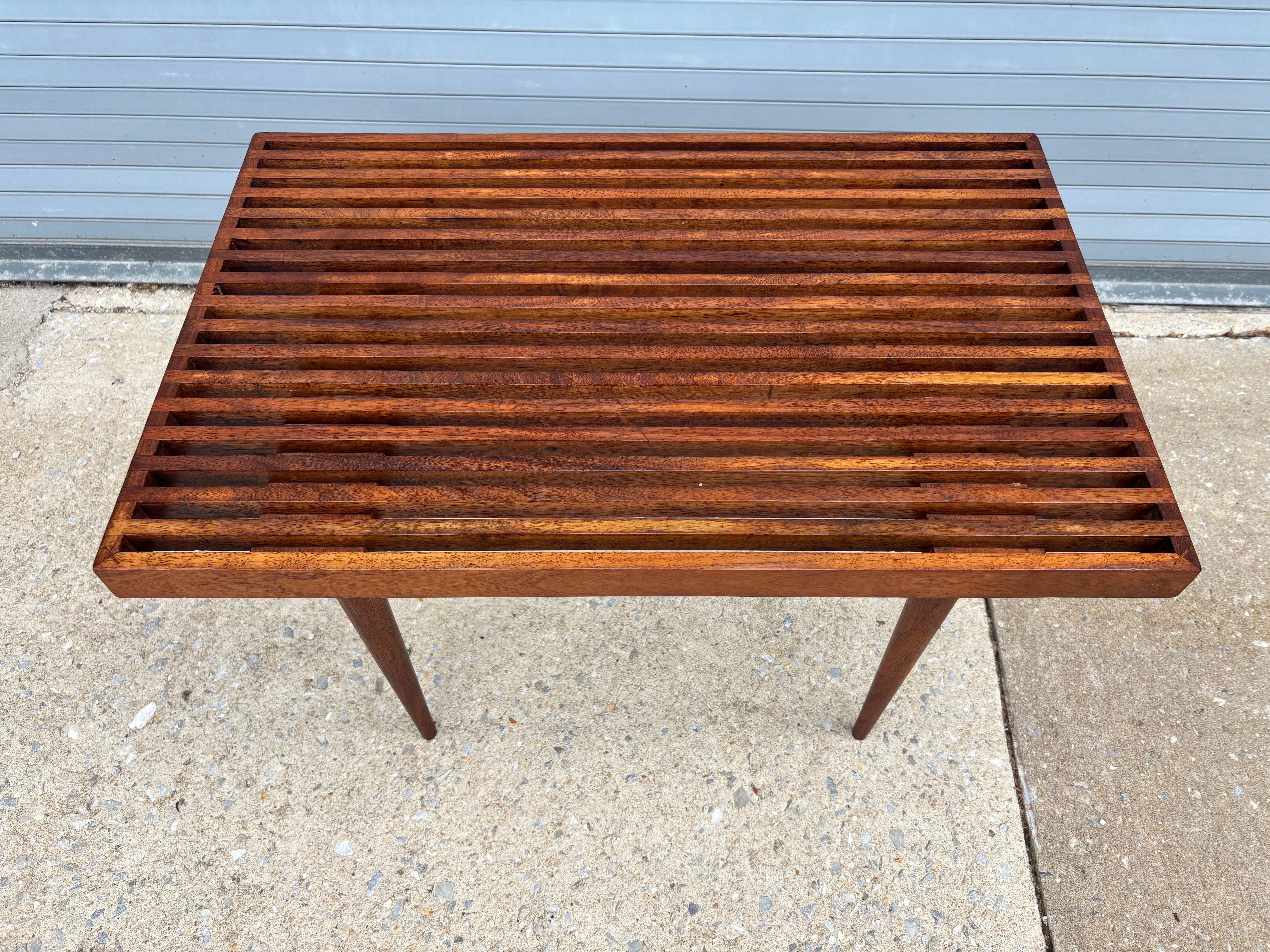 Wood Vintage Small Slatted Bench on Tapered Legs by Mel Smilow For Sale