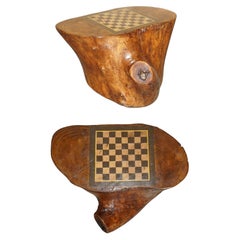 ViNTAGE SMALL TREE STUMP CHESSBOARD CHESS TABLE WITH HIDDEN DRAWER