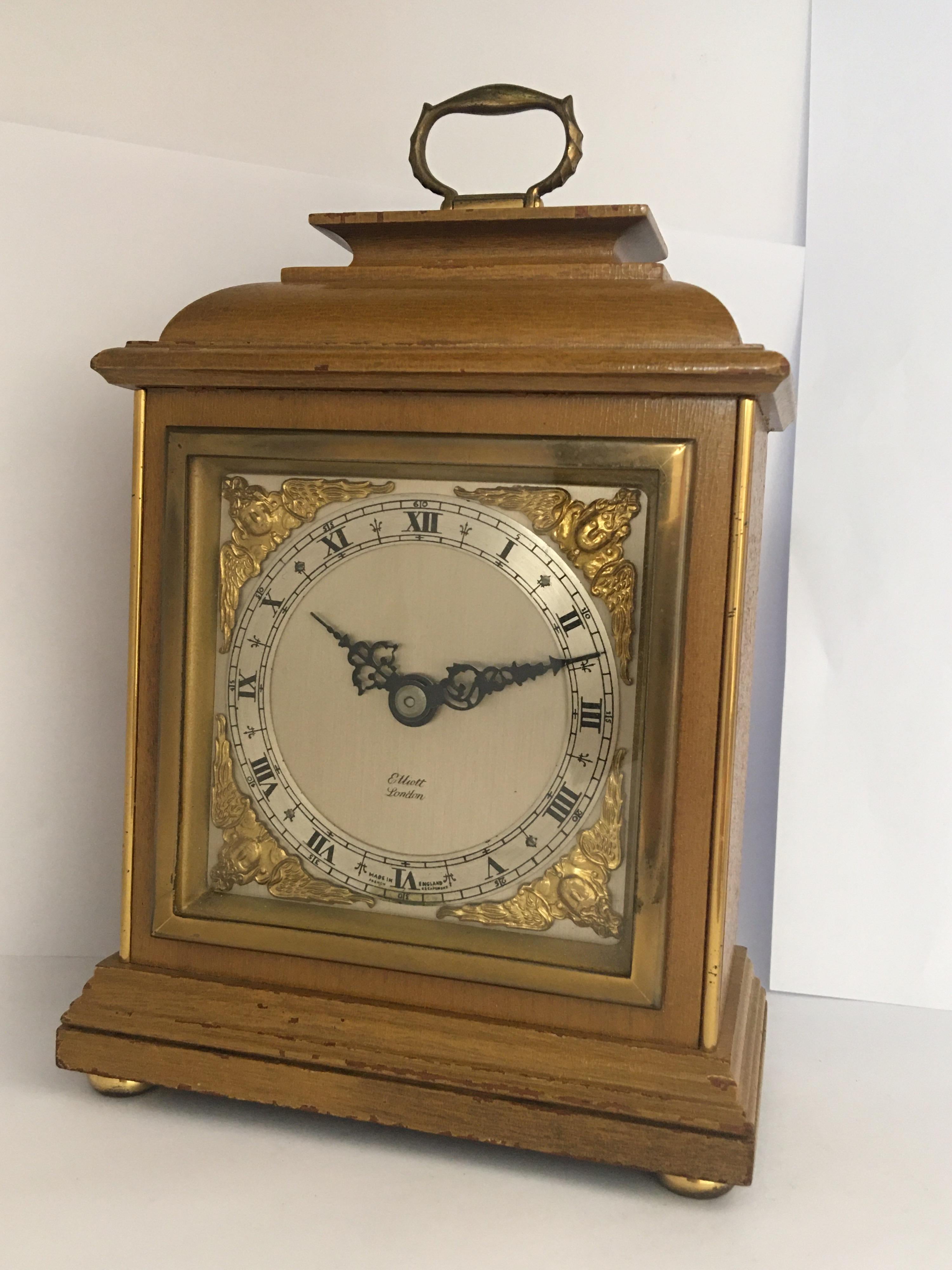 Vintage Small Wooden Elliot London Mantel Clock For Sale 2