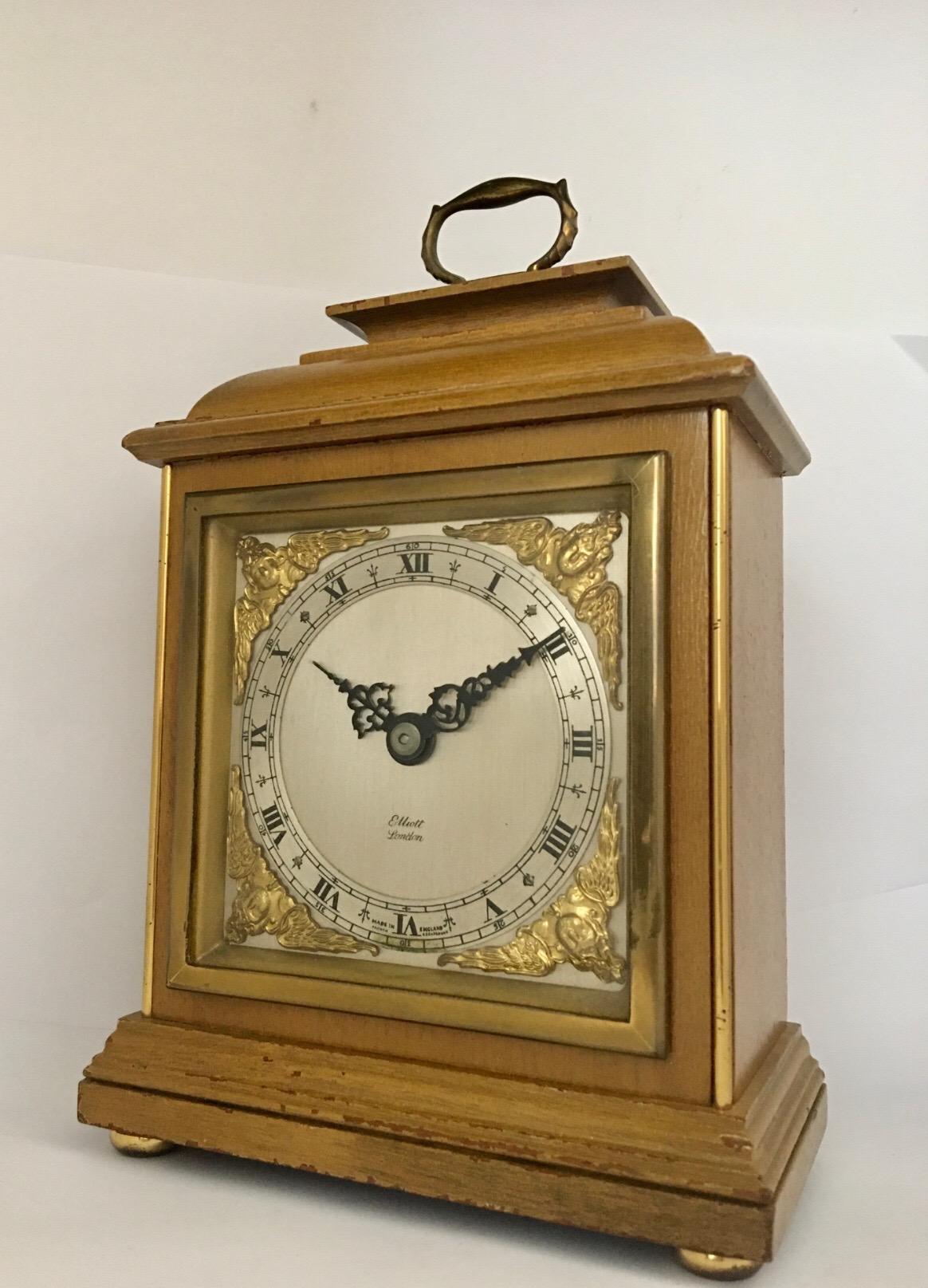 Vintage Small Wooden Elliot London Mantel Clock For Sale 5