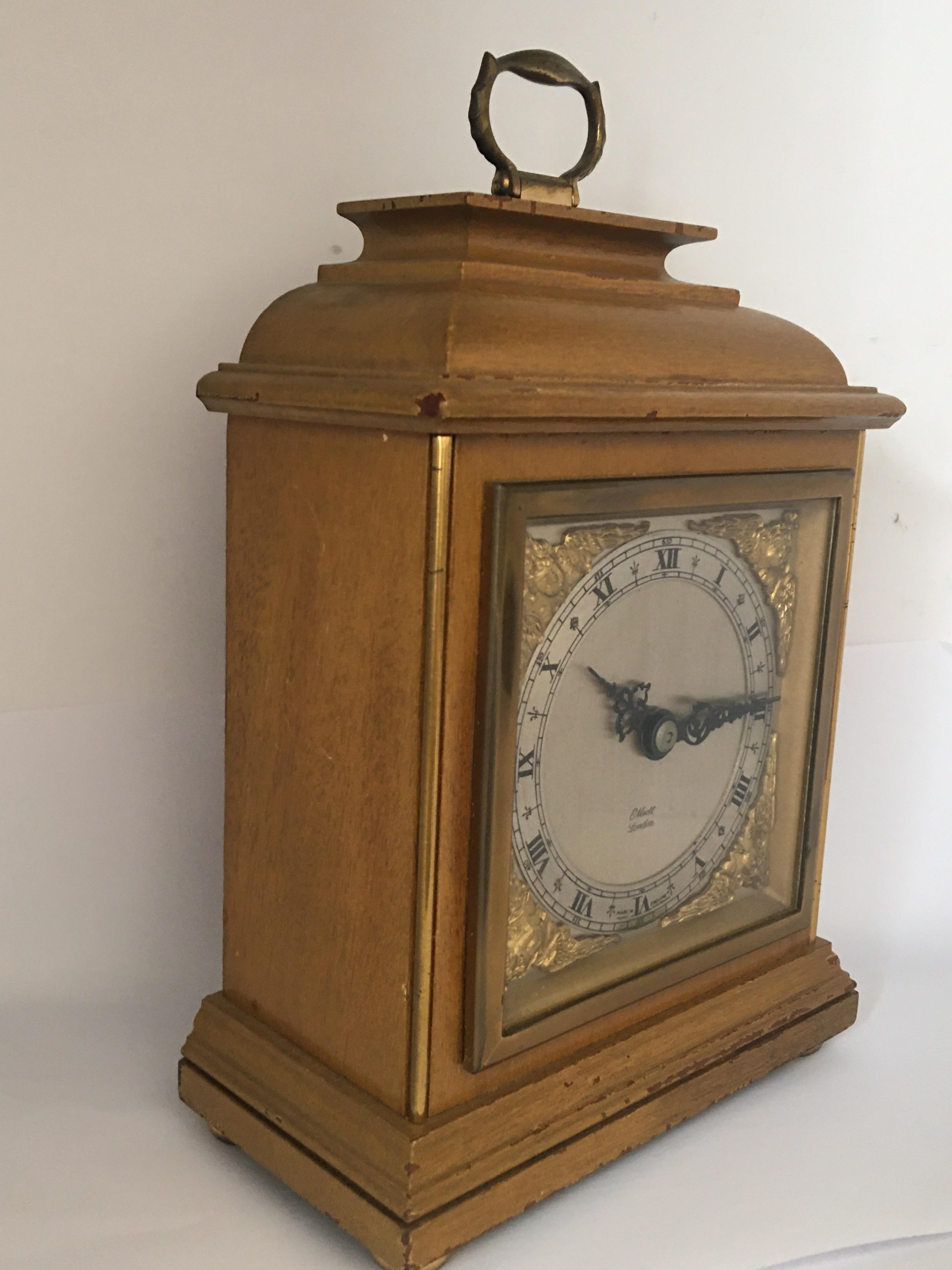 British Vintage Small Wooden Elliot London Mantel Clock For Sale