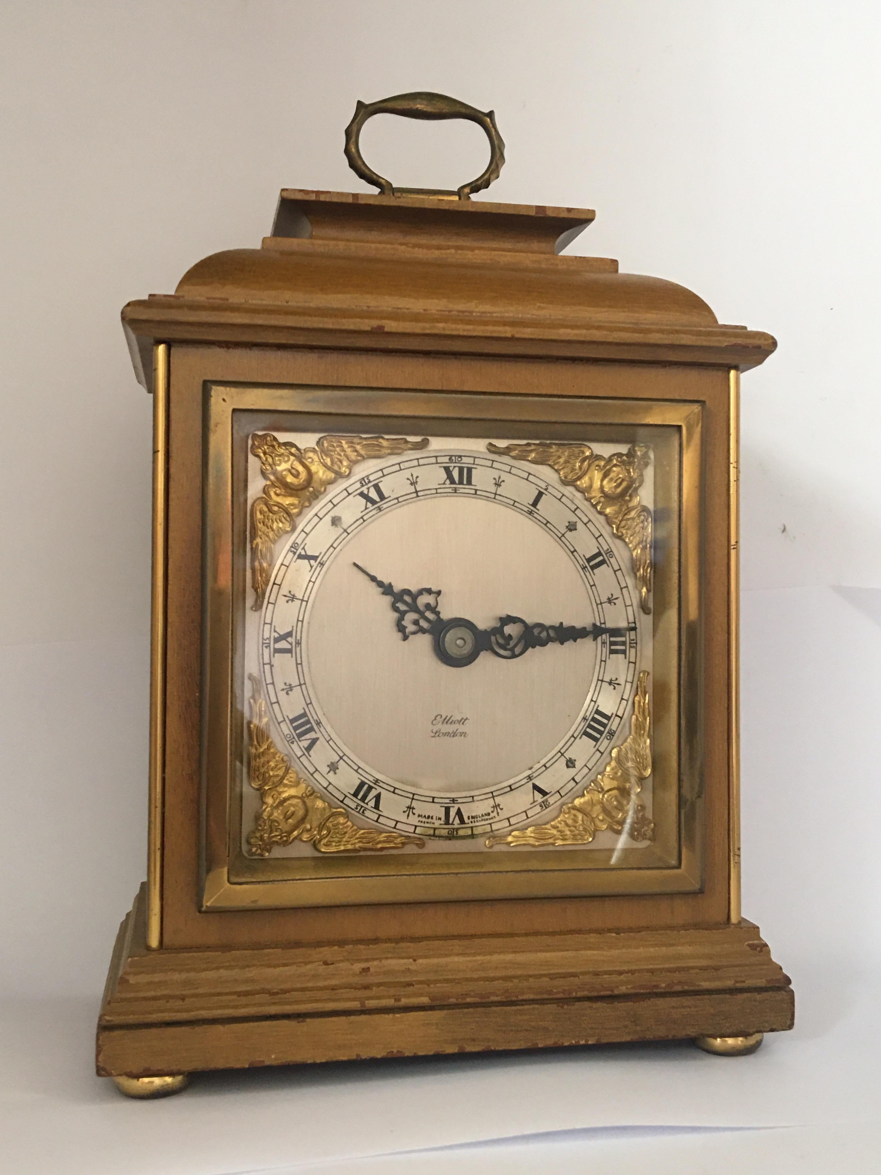 Carved Vintage Small Wooden Elliot London Mantel Clock For Sale