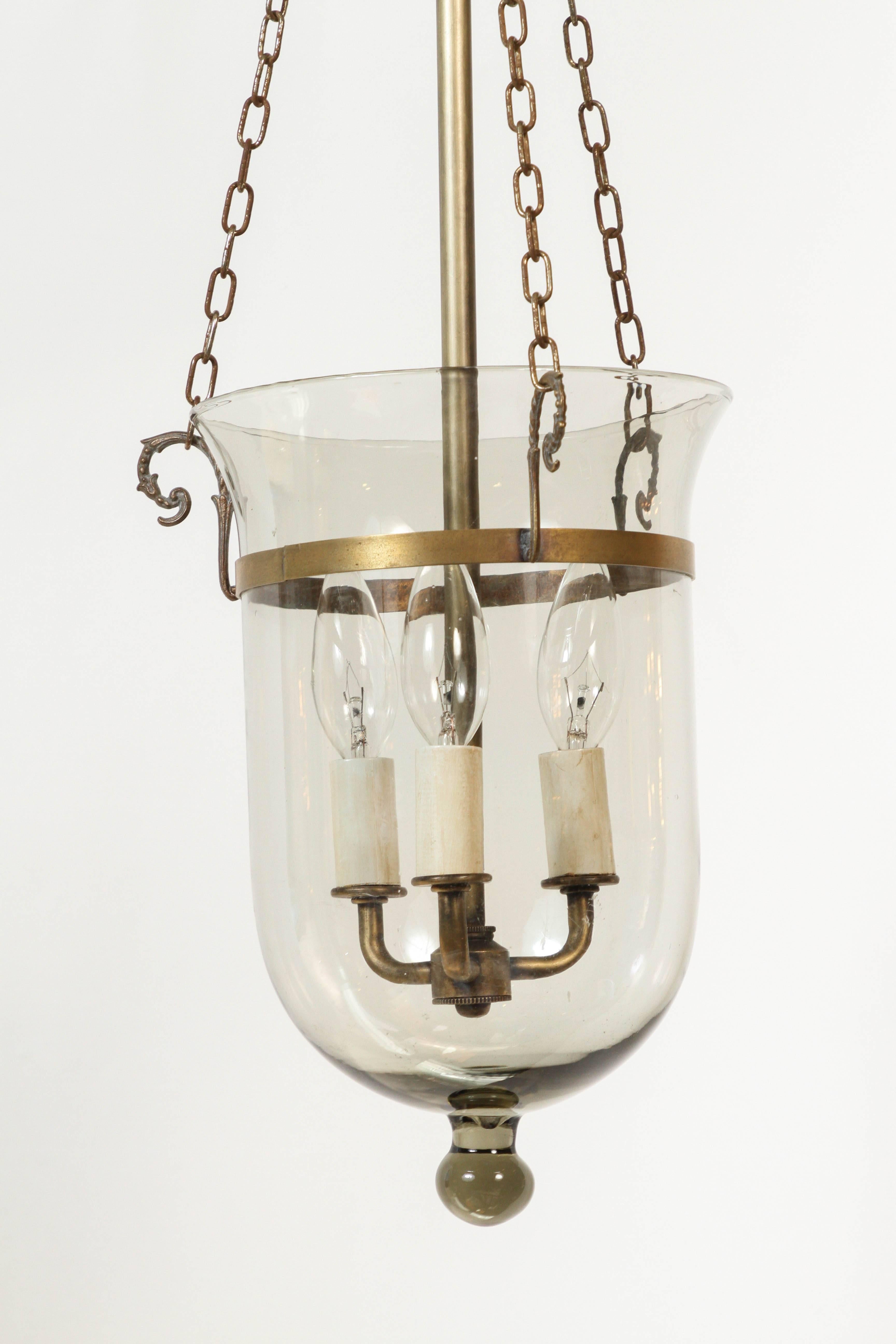 Vintage smoke glass bell jar hanging light with decorative chain - newly rewired.