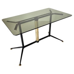 Table basse vintage en verre fumé et laiton, Italie, années 1960