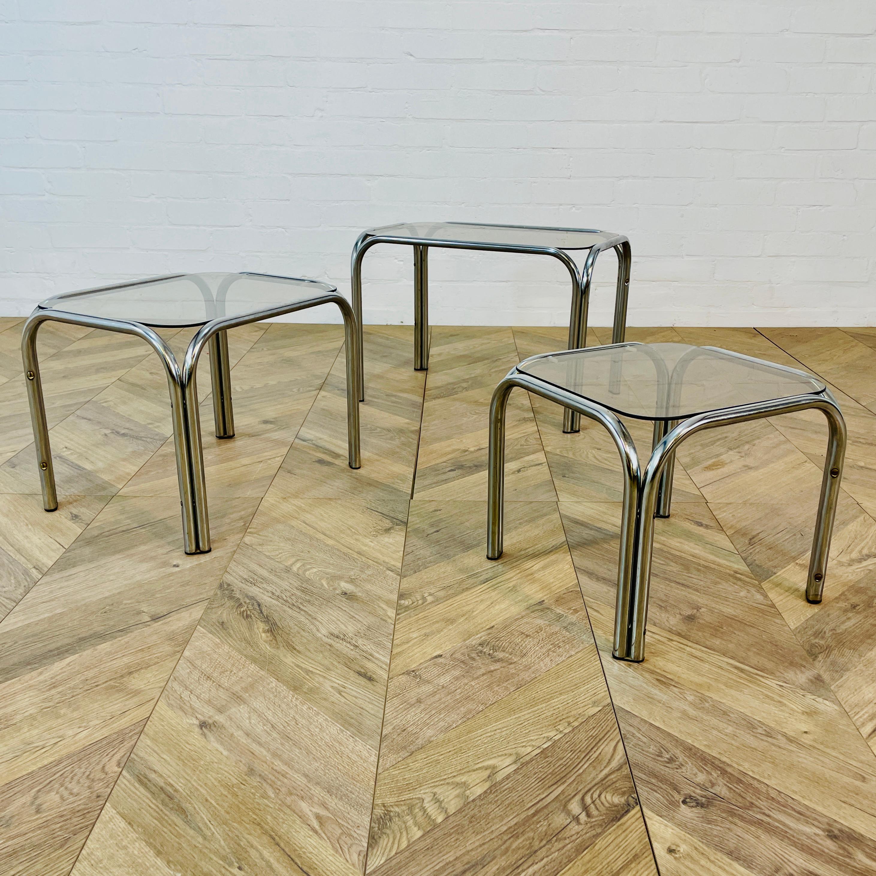 Vintage Smoked Glass + Chrome Nest of Tables, Set of 3, 1970s For Sale 4