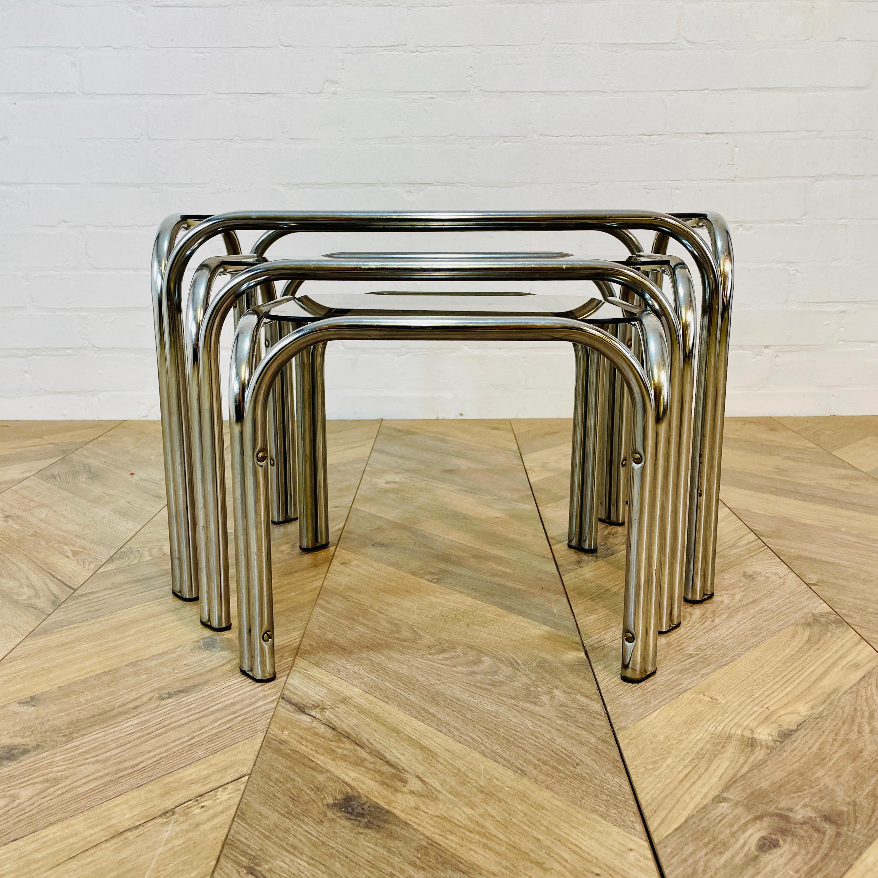 Vintage Smoked Glass + Chrome Nest of Tables, Set of 3, 1970s 5