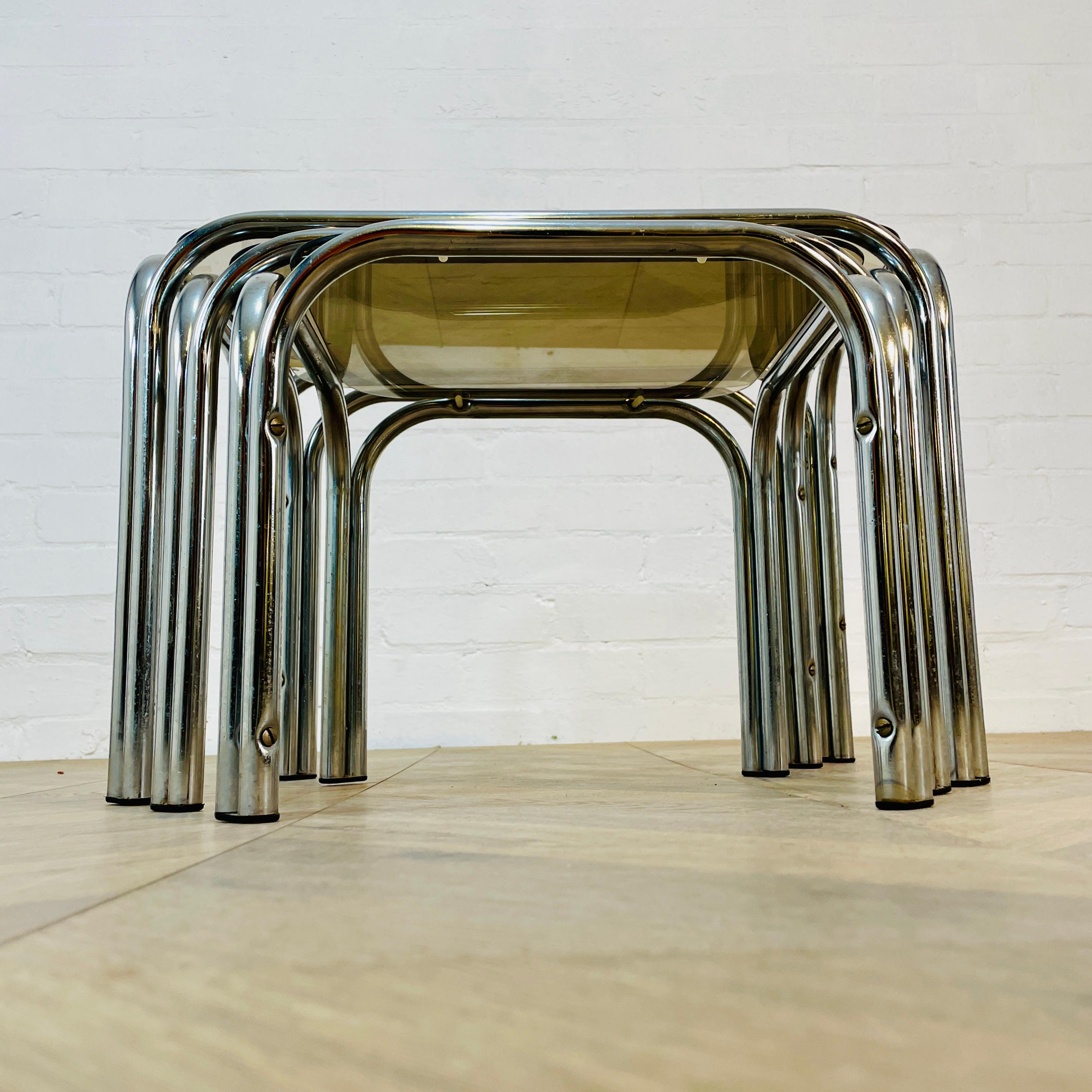 Vintage Smoked Glass + Chrome Nest of Tables, Set of 3, 1970s For Sale 9