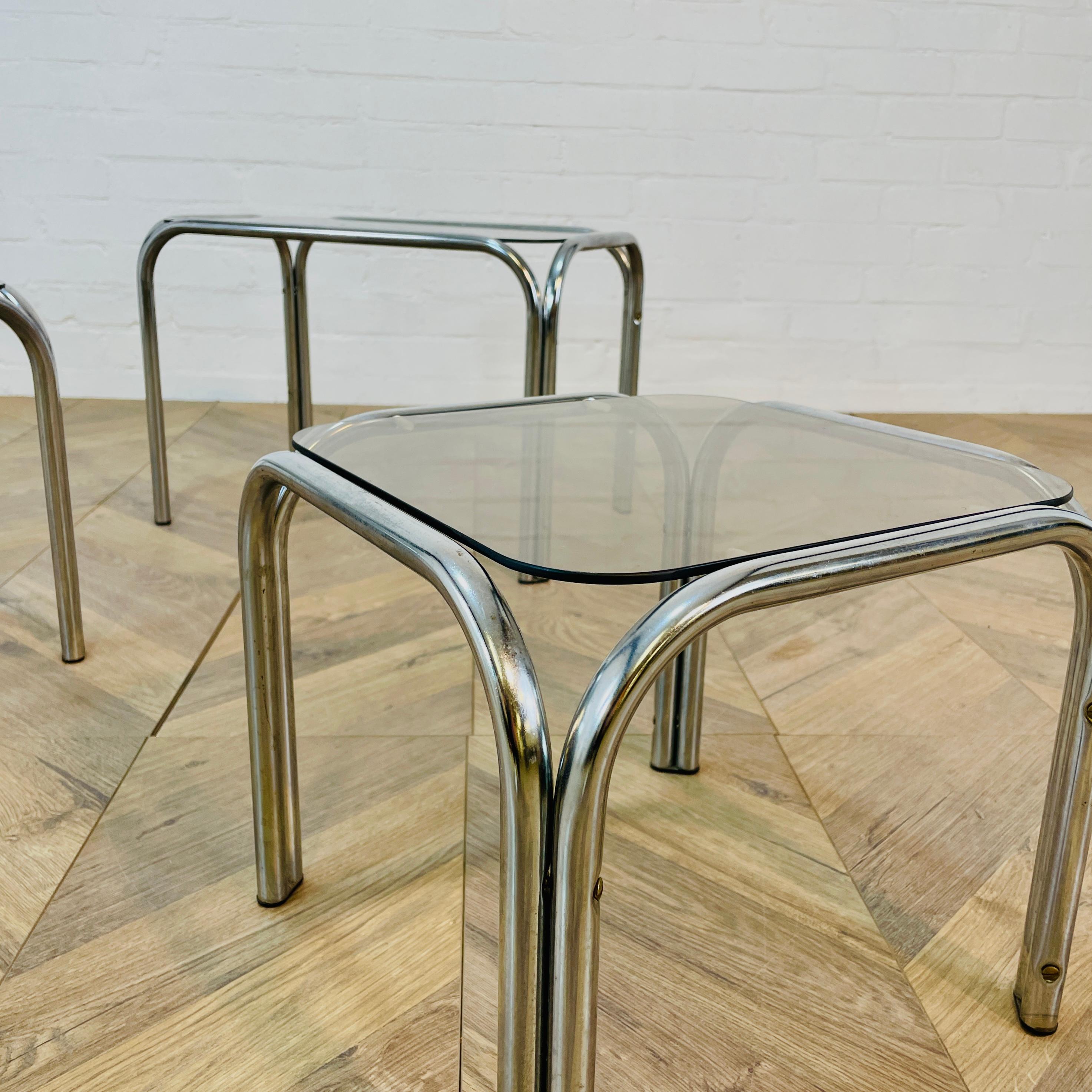 Vintage Smoked Glass + Chrome Nest of Tables, Set of 3, 1970s For Sale 10