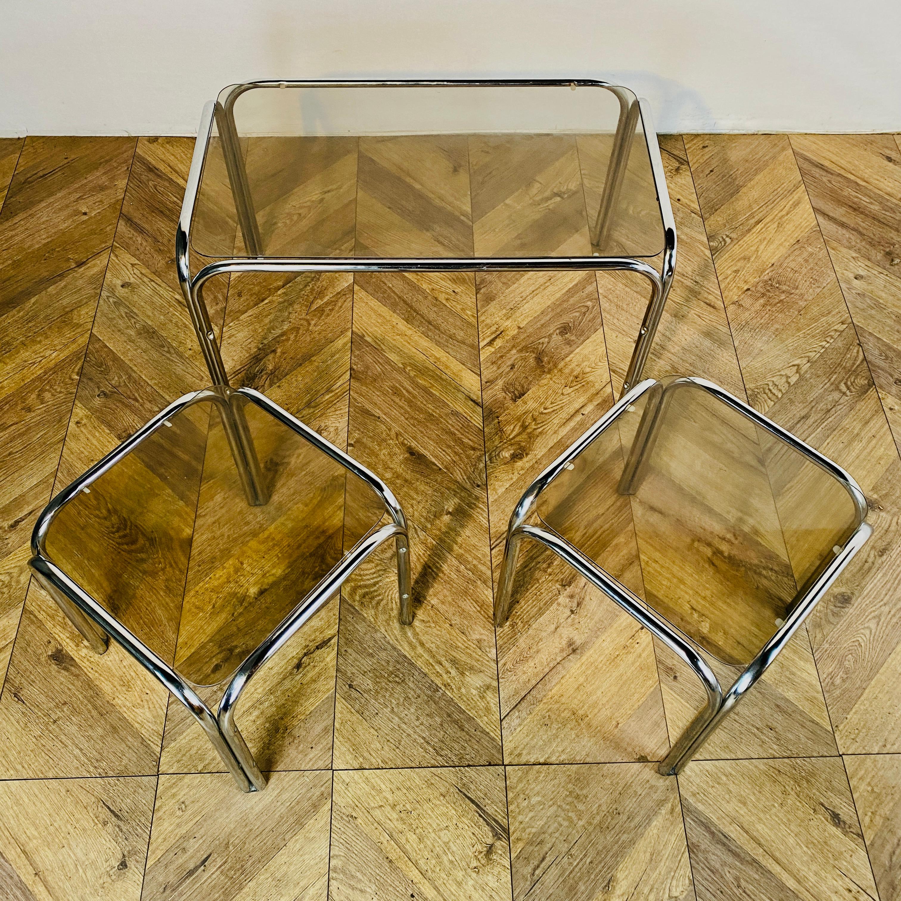 Vintage Smoked Glass + Chrome Nest of Tables, Set of 3, 1970s at 1stDibs