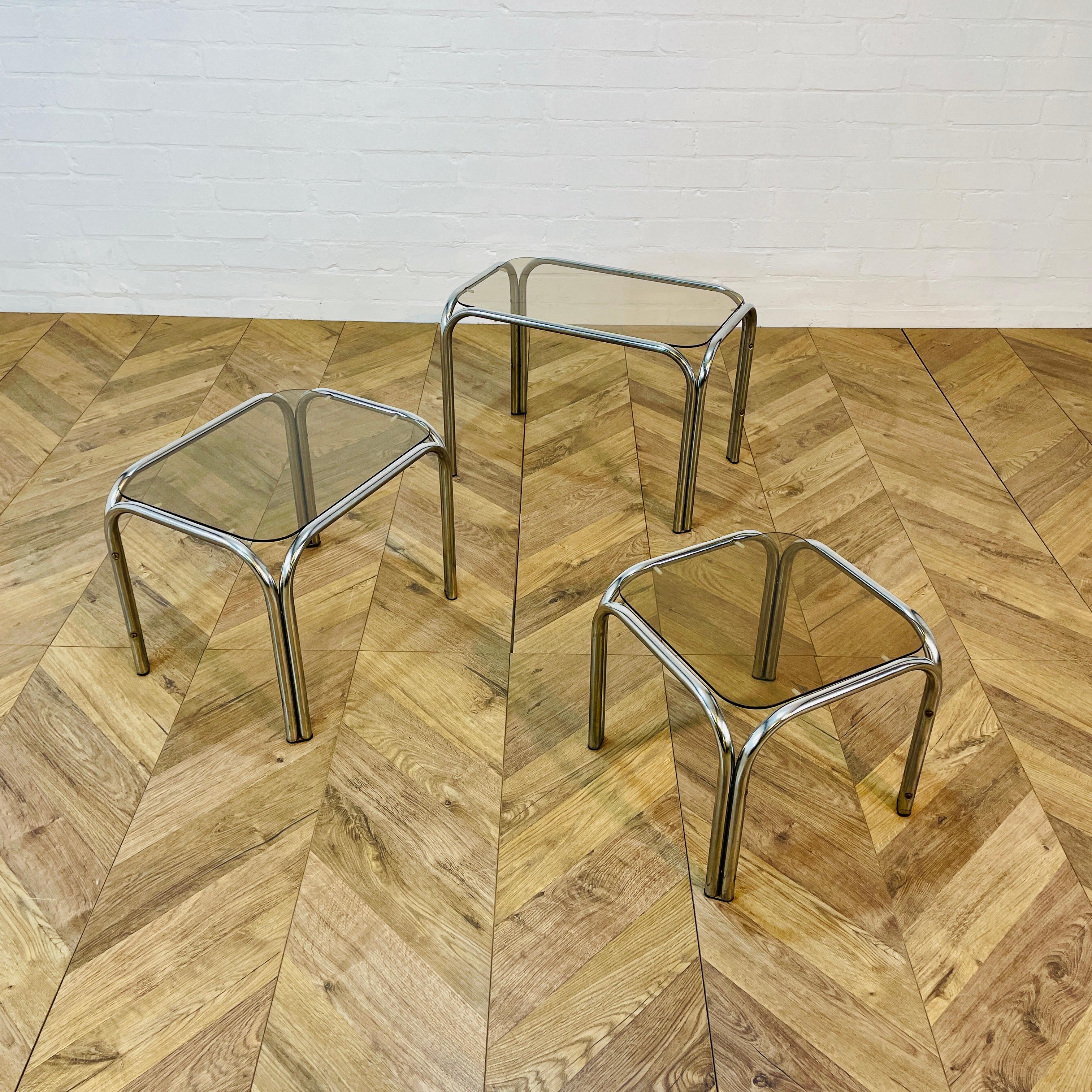 Mid-Century Modern Vintage Smoked Glass + Chrome Nest of Tables, Set of 3, 1970s