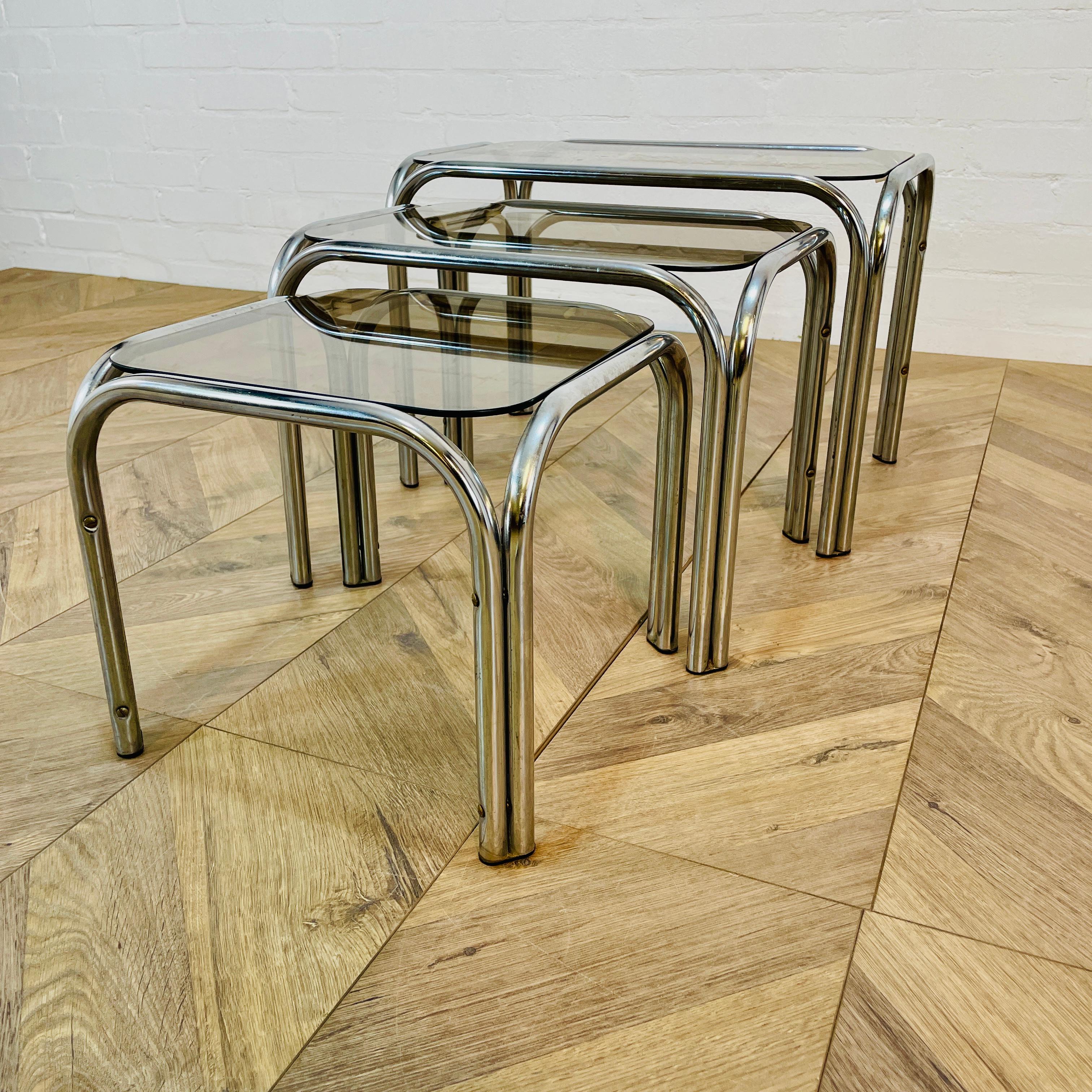 Italian Vintage Smoked Glass + Chrome Nest of Tables, Set of 3, 1970s For Sale
