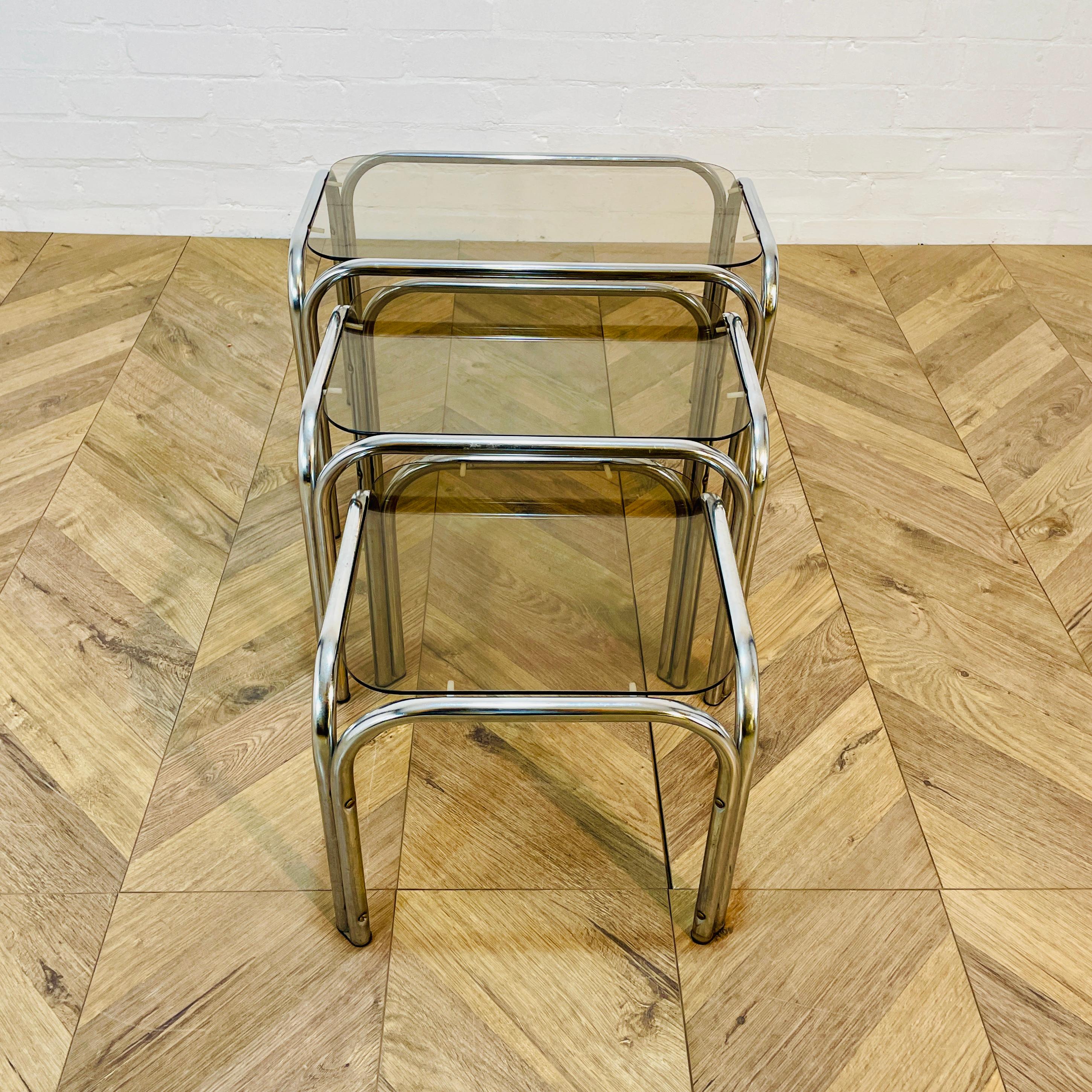 Vintage Smoked Glass + Chrome Nest of Tables, Set of 3, 1970s In Good Condition For Sale In Ely, GB