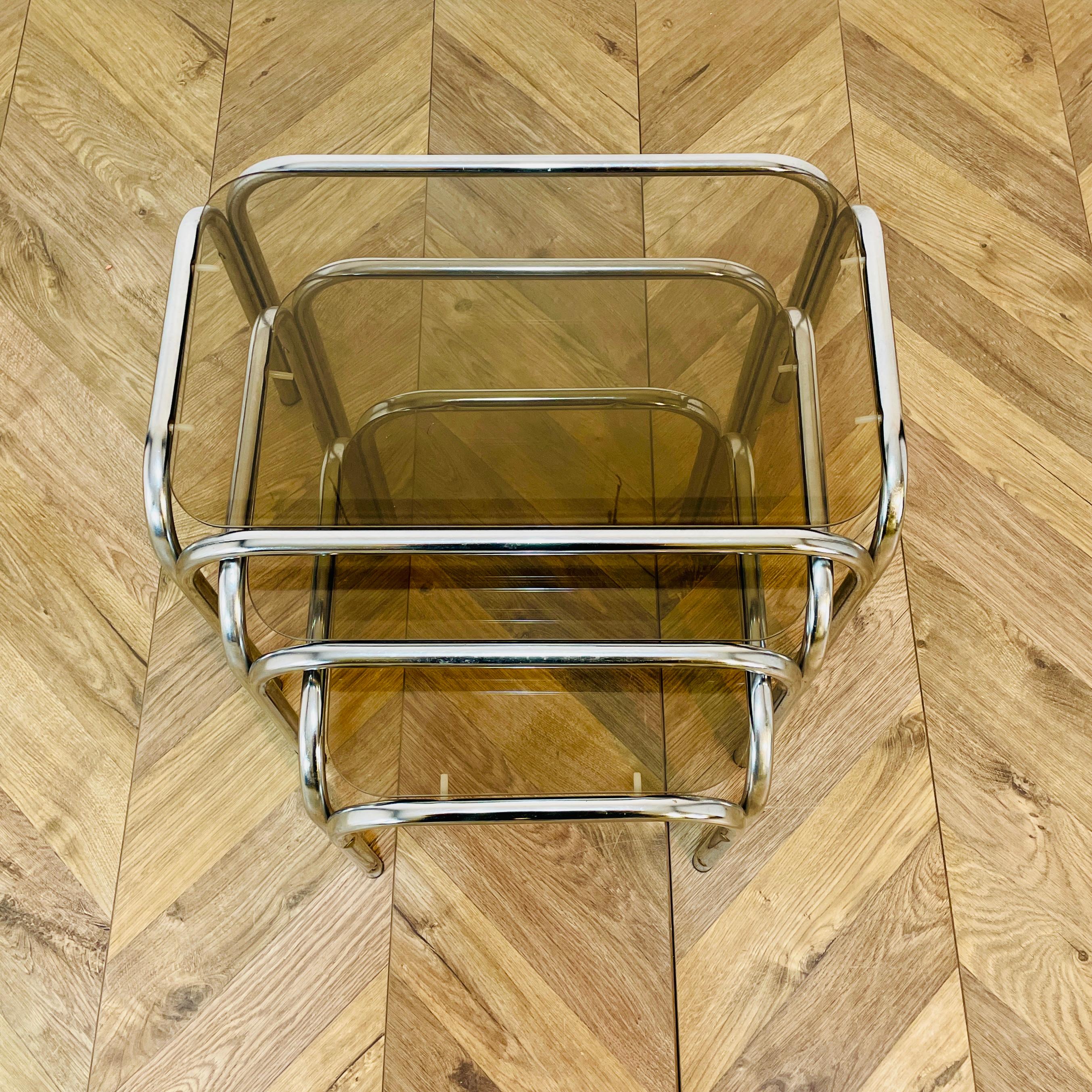 Late 20th Century Vintage Smoked Glass + Chrome Nest of Tables, Set of 3, 1970s For Sale