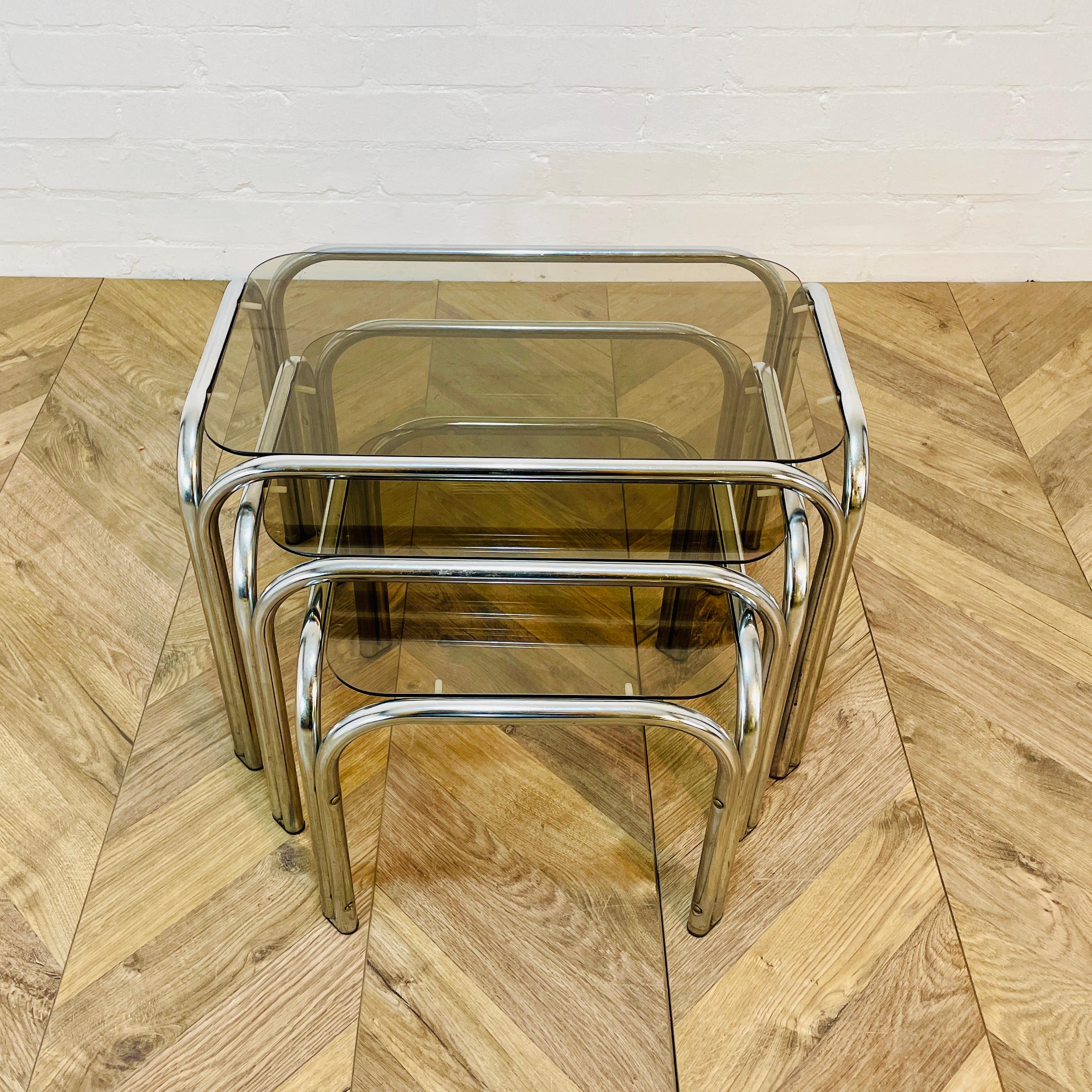Vintage Smoked Glass + Chrome Nest of Tables, Set of 3, 1970s For Sale 1
