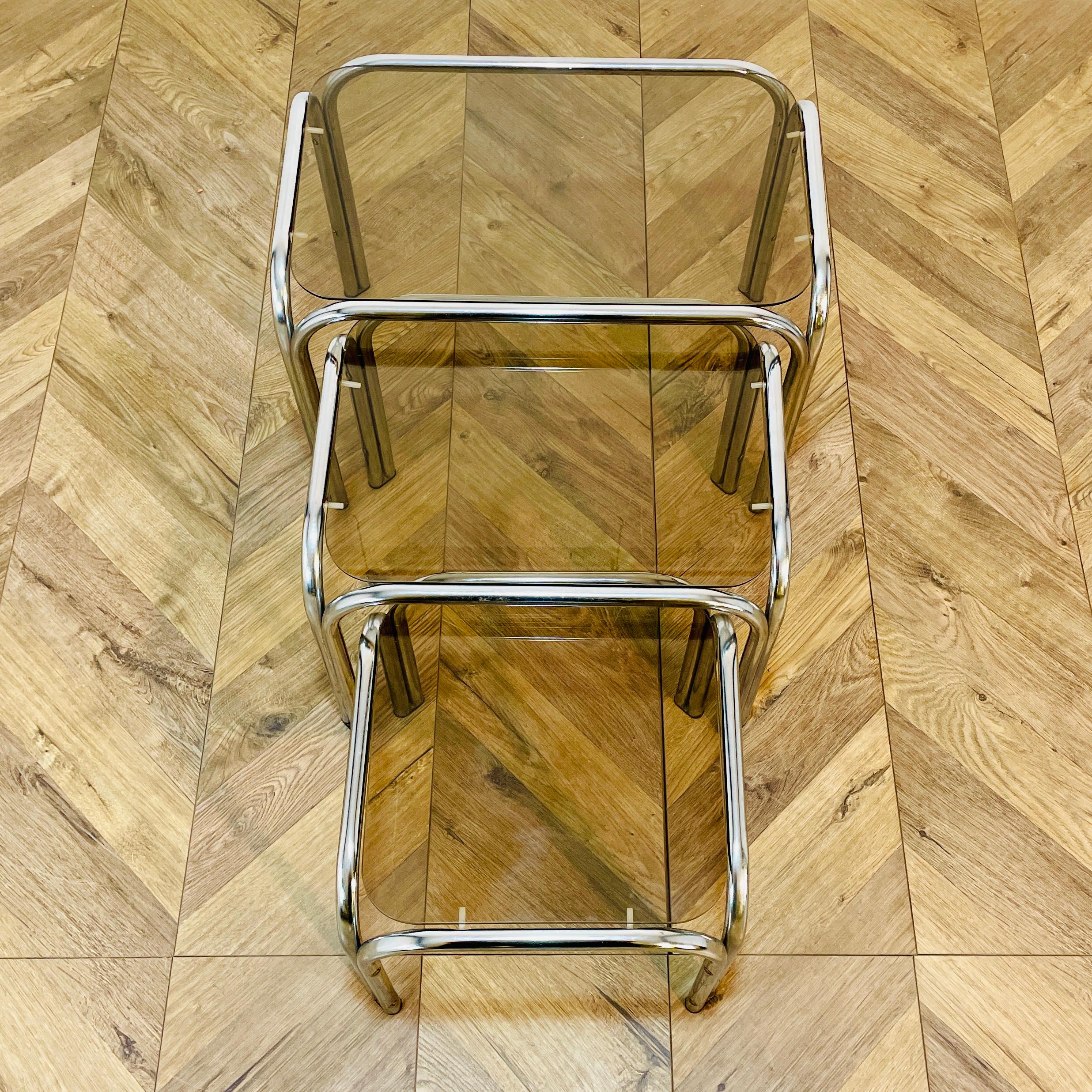 Vintage Smoked Glass + Chrome Nest of Tables, Set of 3, 1970s For Sale 2