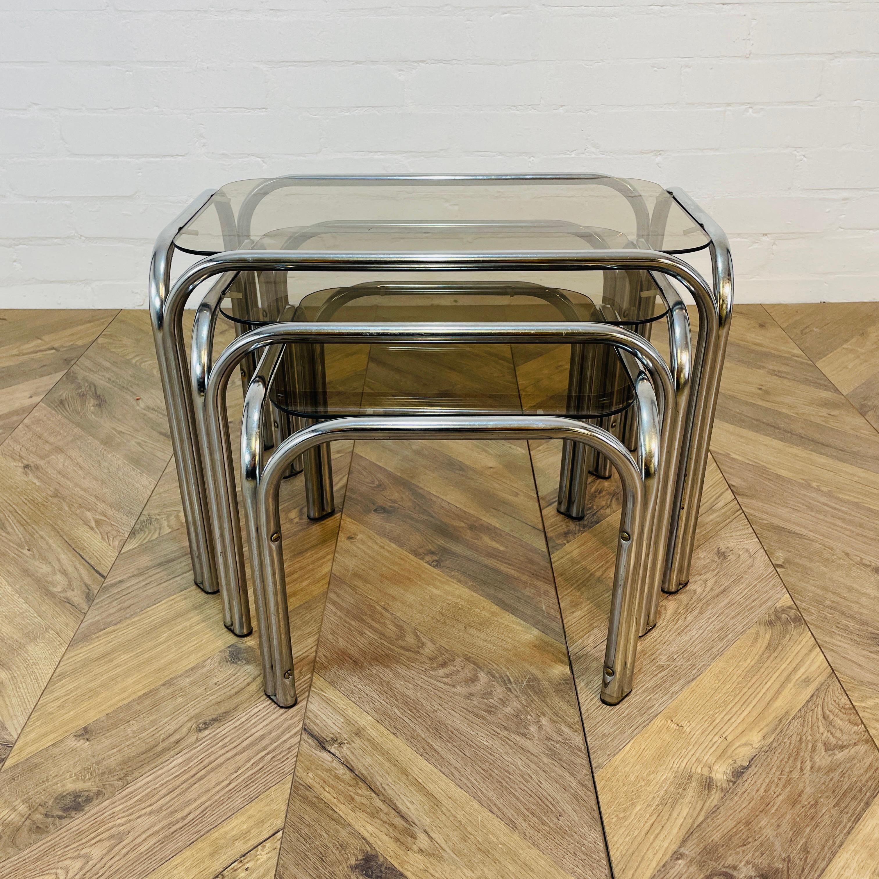Vintage Smoked Glass + Chrome Nest of Tables, Set of 3, 1970s For Sale 3
