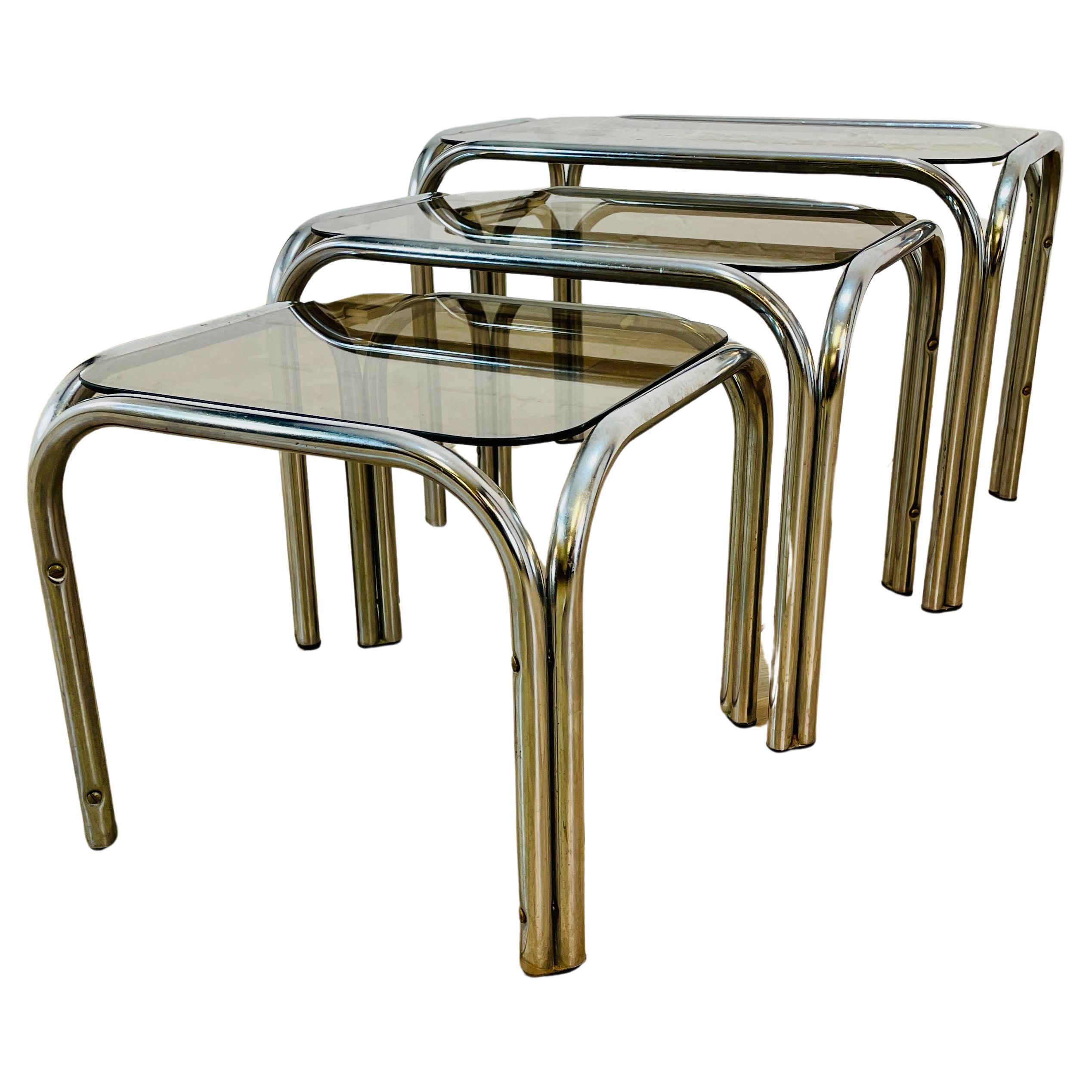Vintage Smoked Glass + Chrome Nest of Tables, Set of 3, 1970s For Sale