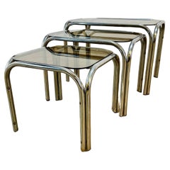 Vintage Smoked Glass + Chrome Nest of Tables, Set of 3, 1970s