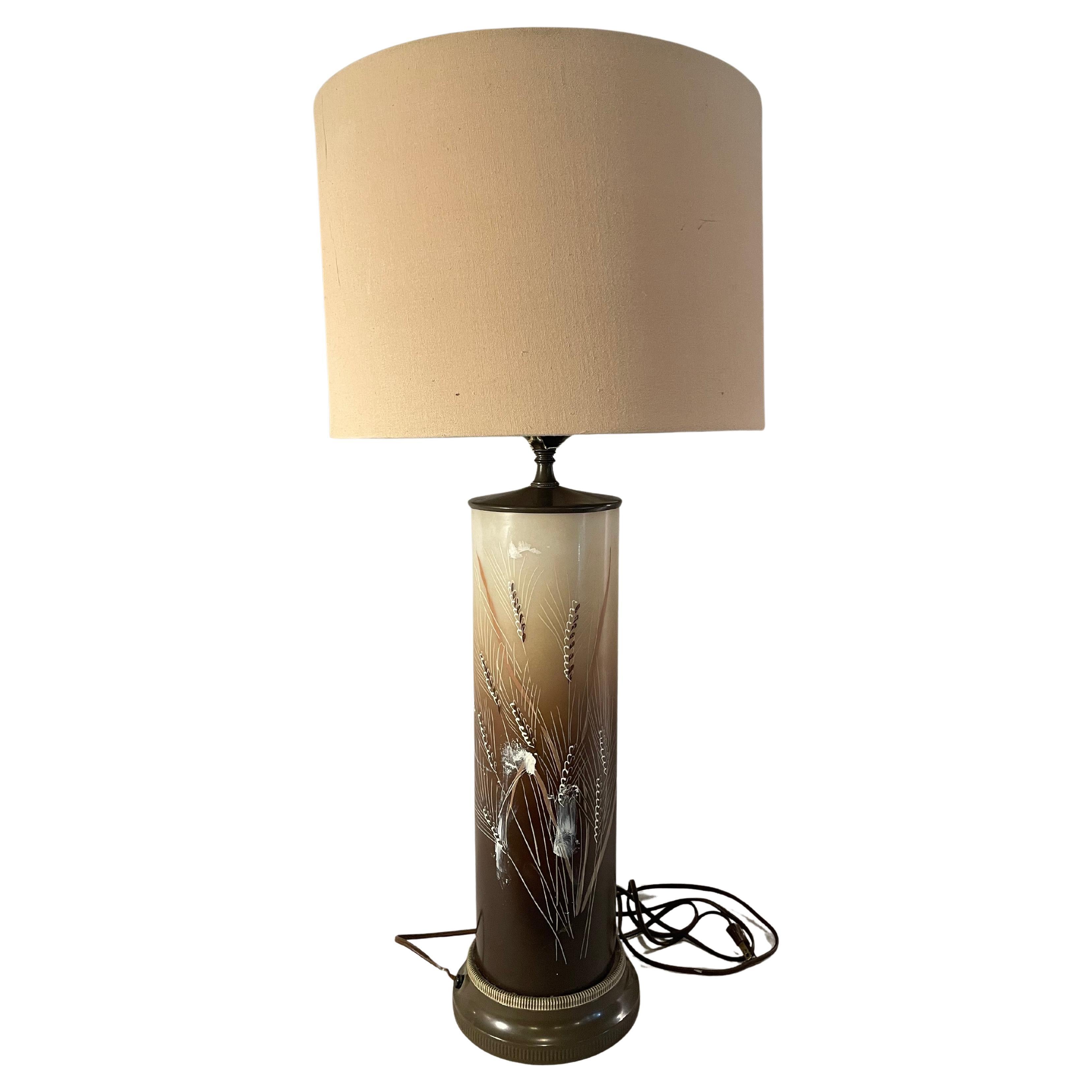 Vintage Smoked Glass Etched Wheat Table Lamp with Cream Fabric Shade