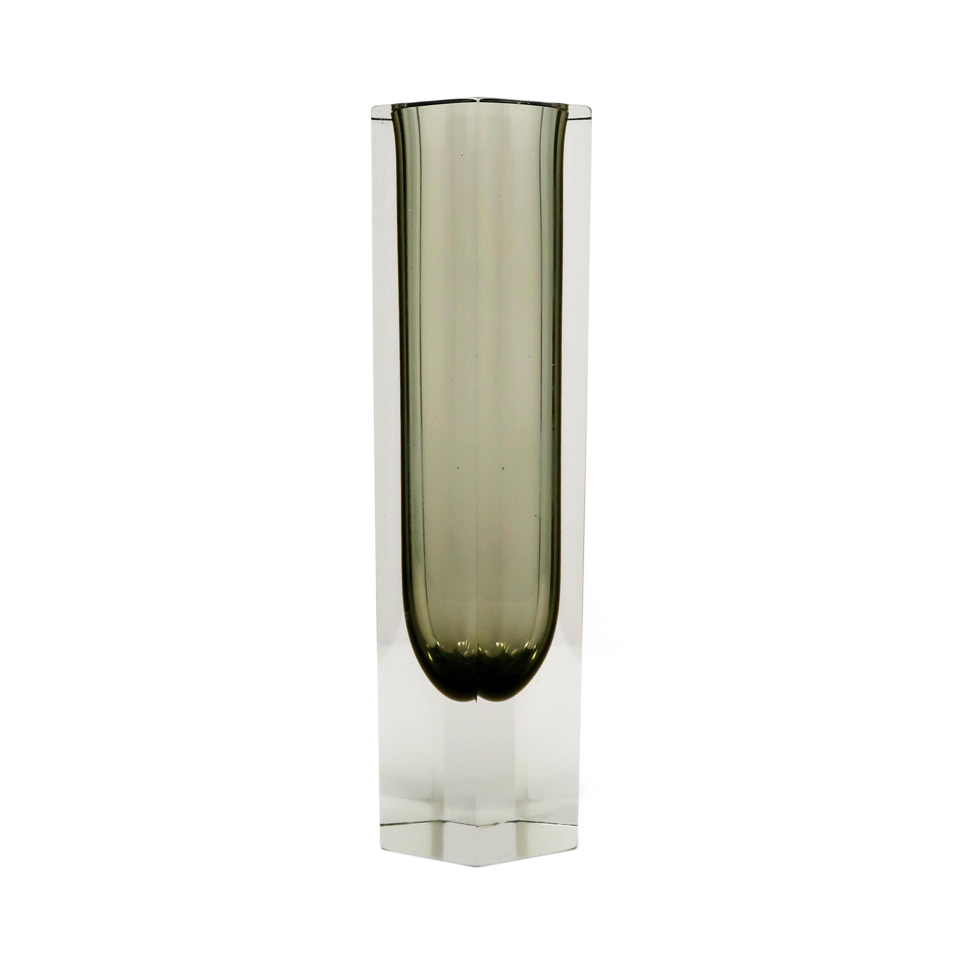A gorgeous clear and grey glass vase in the style of Flavio Poli for Seguso Vetri d'Arte, Alessandro Mandruzzato, and Vincenzo Nason. Hexagonal gray glass is cased in a band of clear glass in the the renowned Italian Sommerso technique often