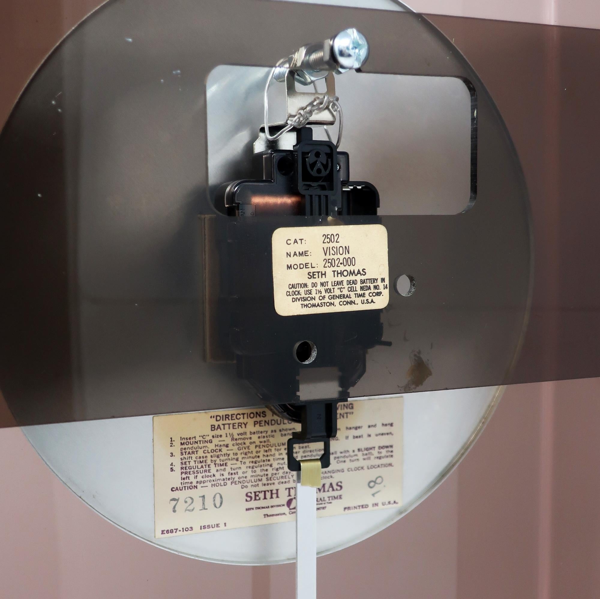 20th Century Vintage Smoked Lucite Vision Pendulum Wall Clock by Seth Thomas For Sale