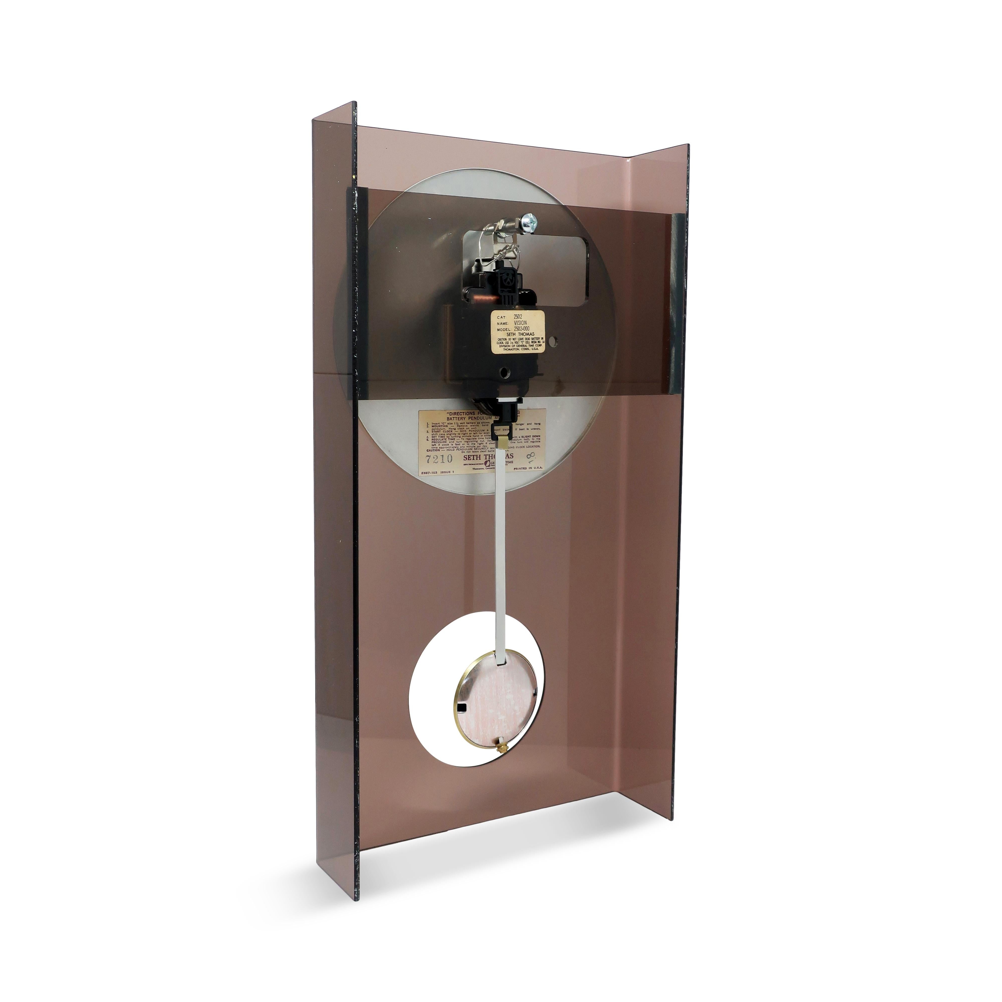 Metal Vintage Smoked Lucite Vision Pendulum Wall Clock by Seth Thomas For Sale