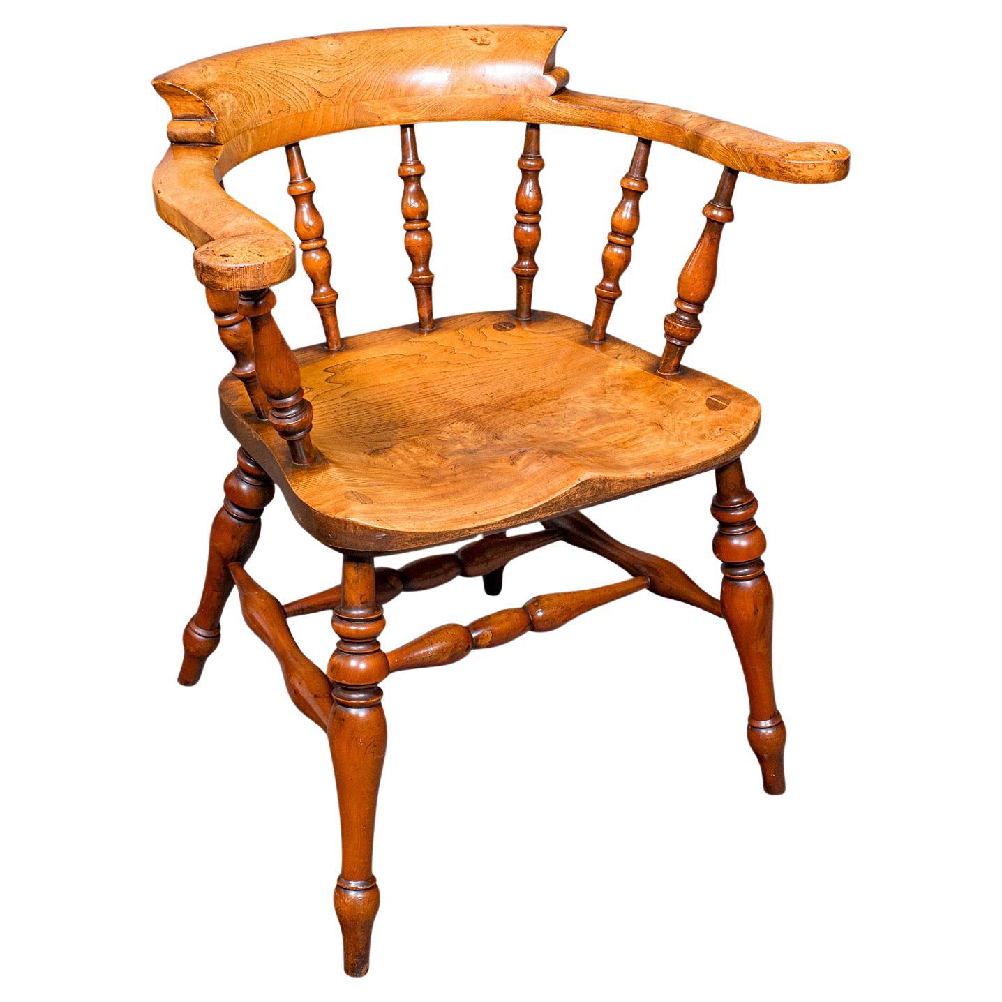 Chaise à arc de fumeur vintage, frêne anglais, siège coudé de capitaine, néo-Victorien