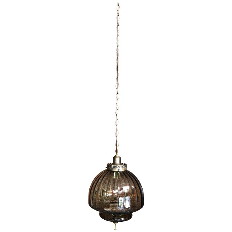 Smokey Glass and Brass Hanging Pendant Light with Chain at 1stDibs