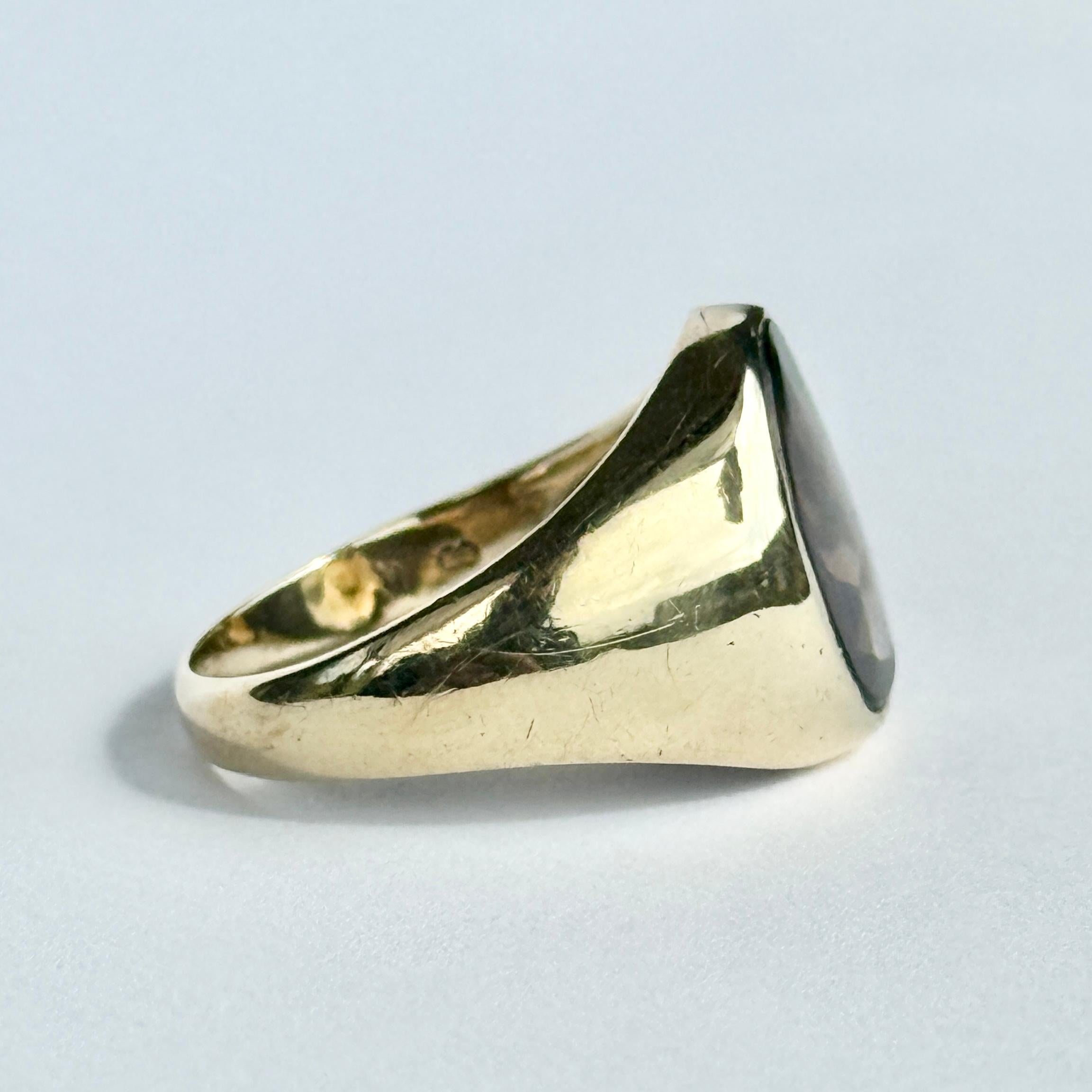 Femenino o masculino Anillo de sello vintage de cuarzo ahumado y oro de 14 quilates en venta