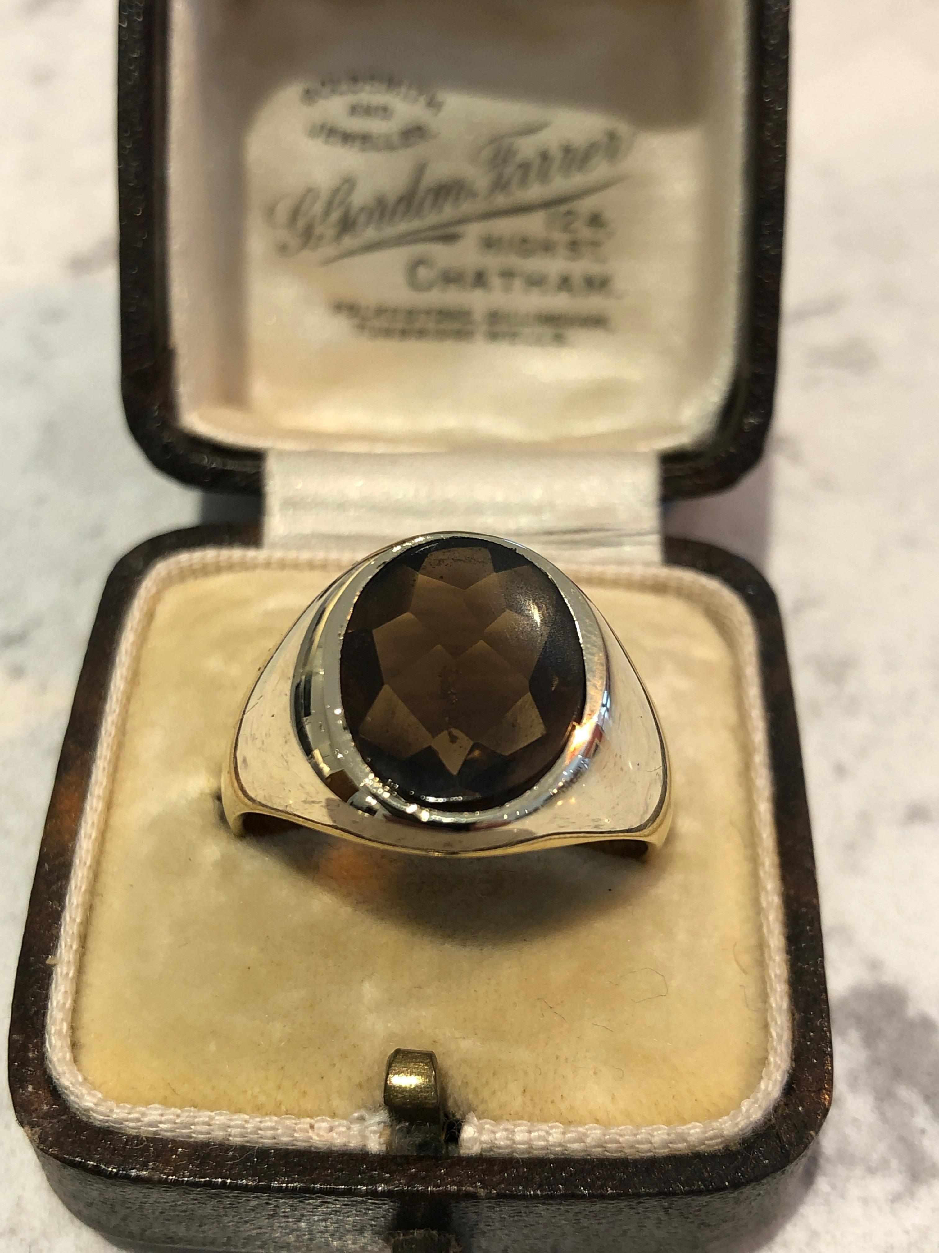 Modern Vintage Smokey Quartz and 14 Carat Gold Signet Ring For Sale