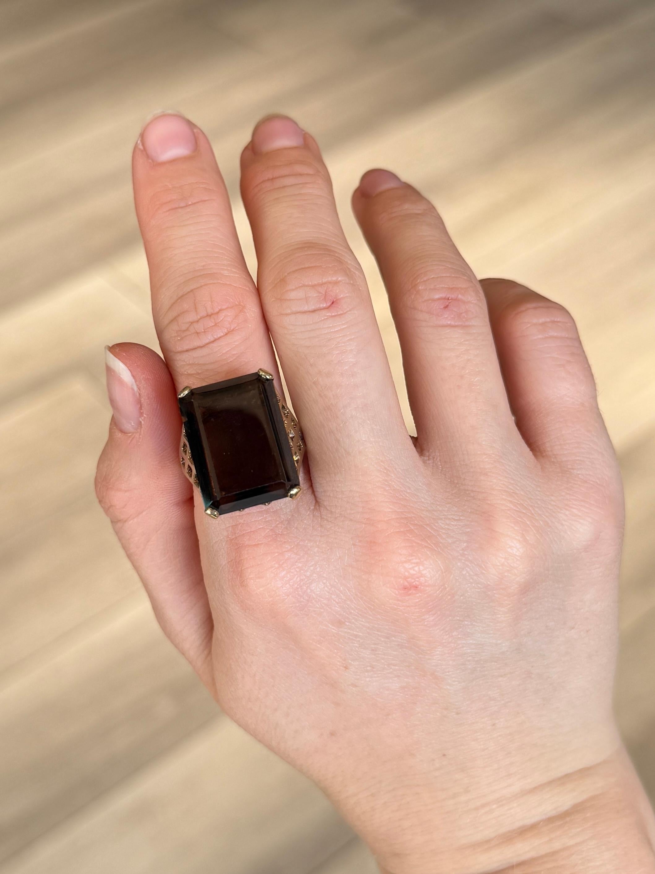 Emerald Cut Vintage Smokey Quartz and 9 Carat Gold Cocktail Ring For Sale