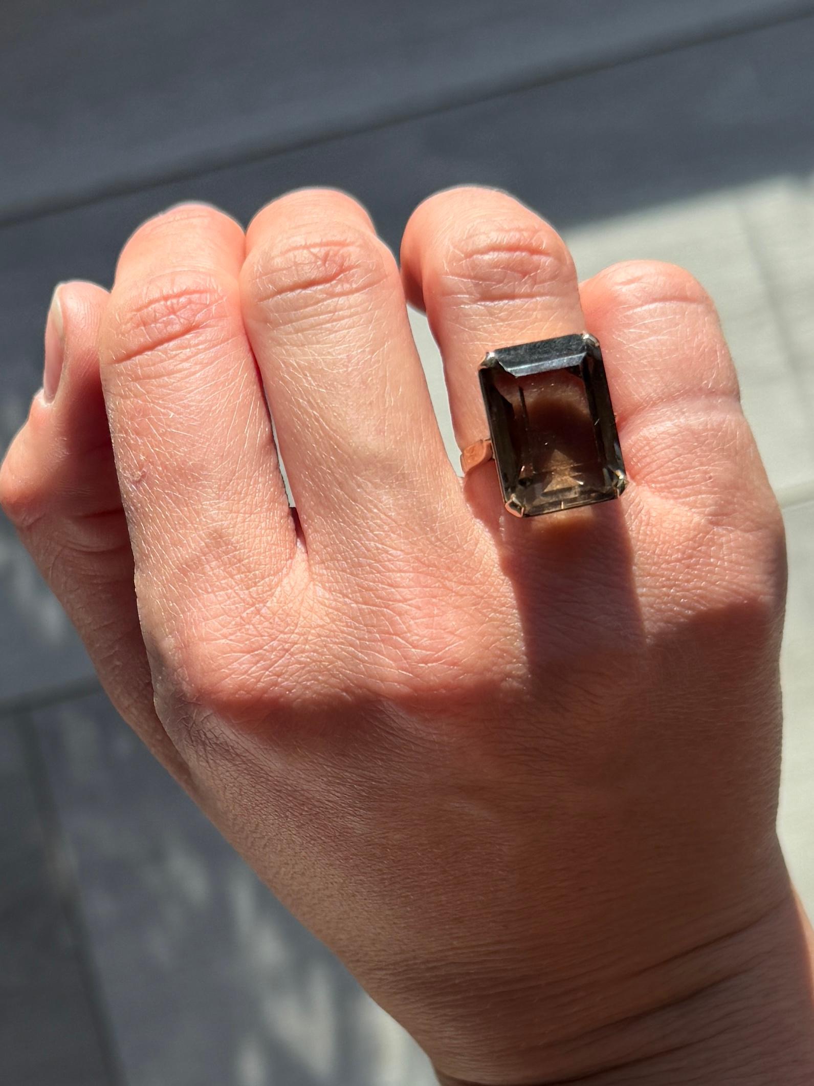 Emerald Cut Vintage Smokey Quartz and 9 Carat Gold Cocktail Ring For Sale
