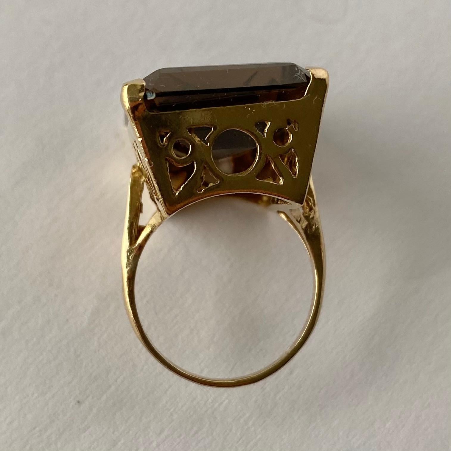 Emerald Cut Vintage Smokey Quartz and 9 Carat Gold Cocktail Ring For Sale