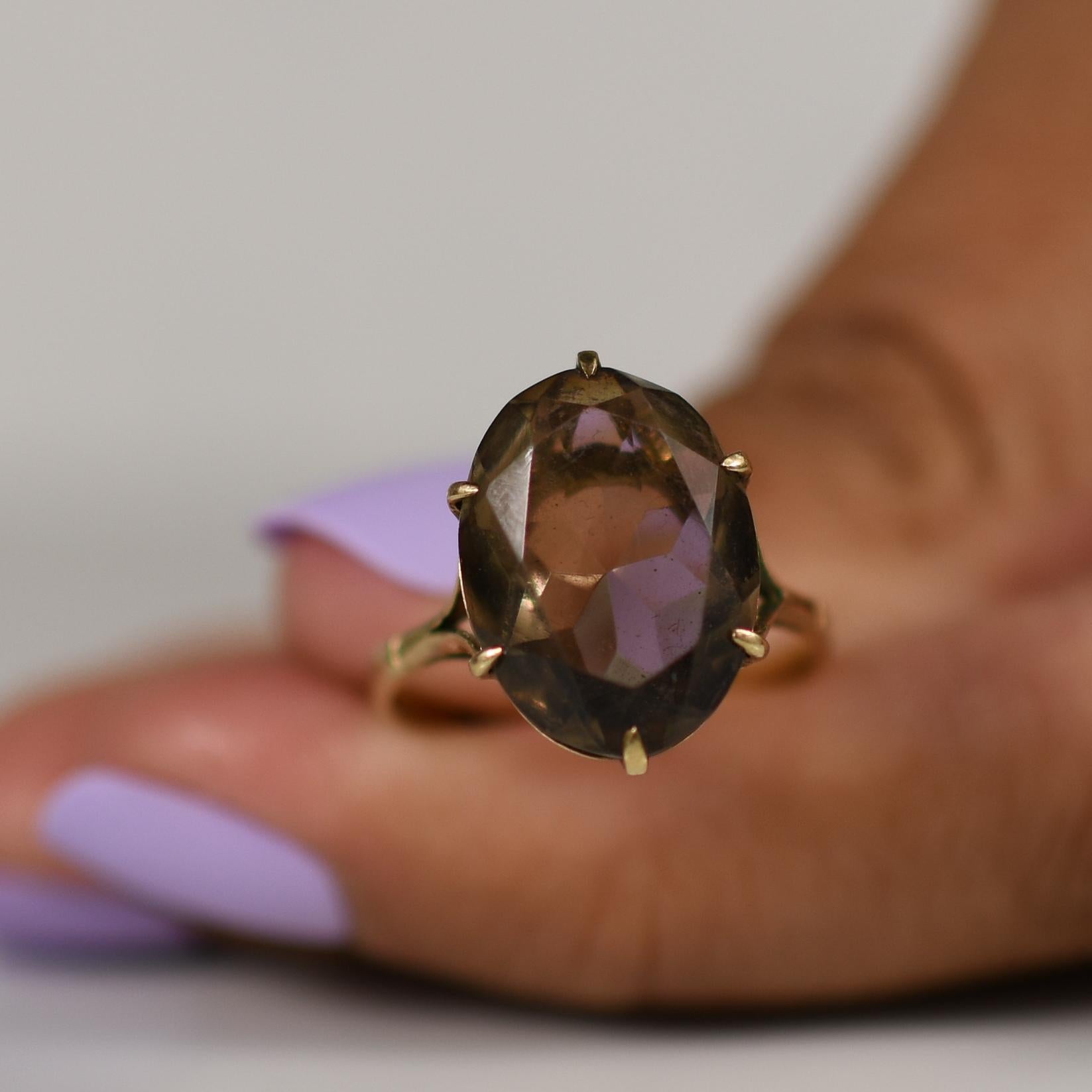 Vintage Smokey Topas Solitär 9K Gold Ring von Charles Lyster & Son in UK 1976, Vintage Damen